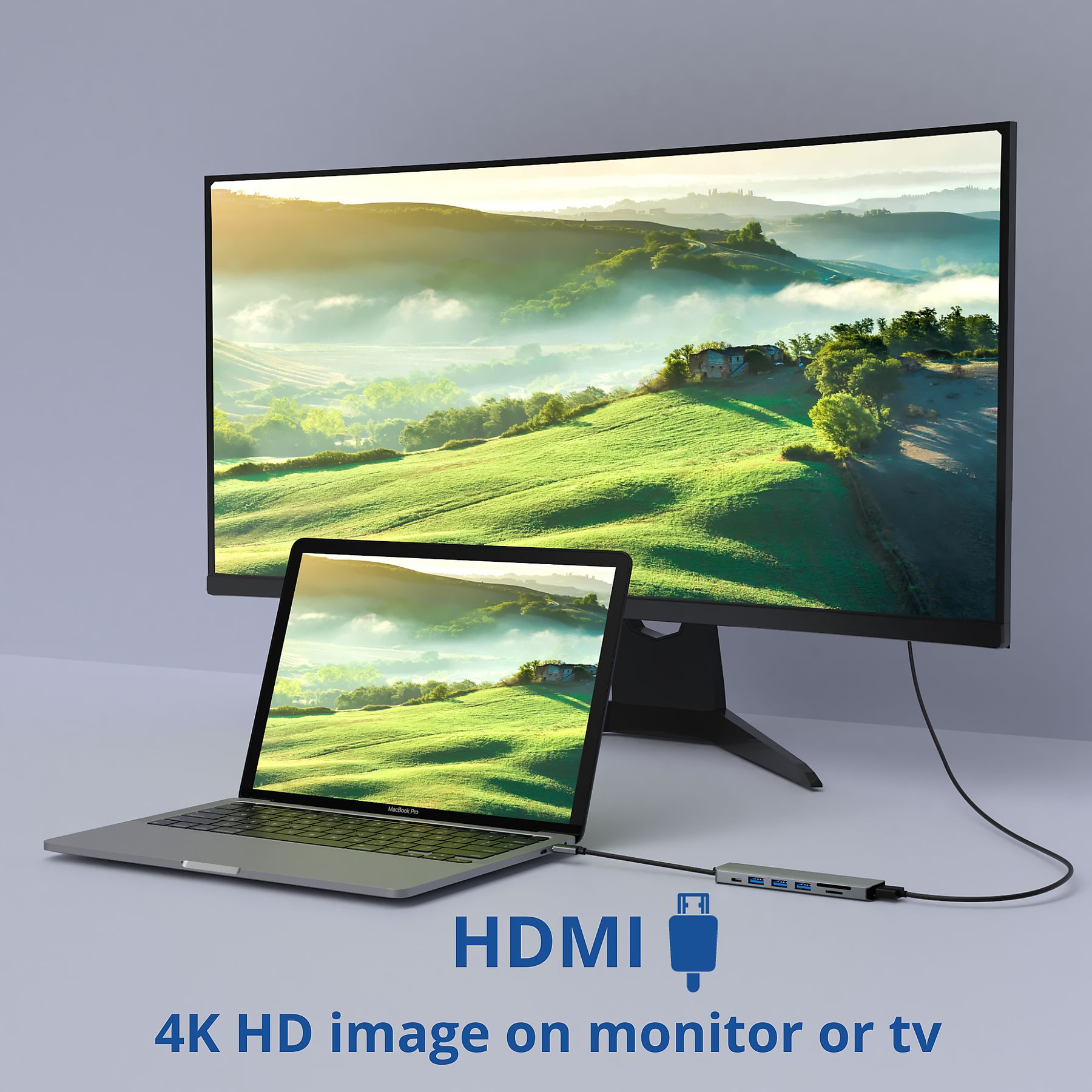 Laptop über HDMI-Kabel mit Monitor verbunden, zeigt Landschaft.