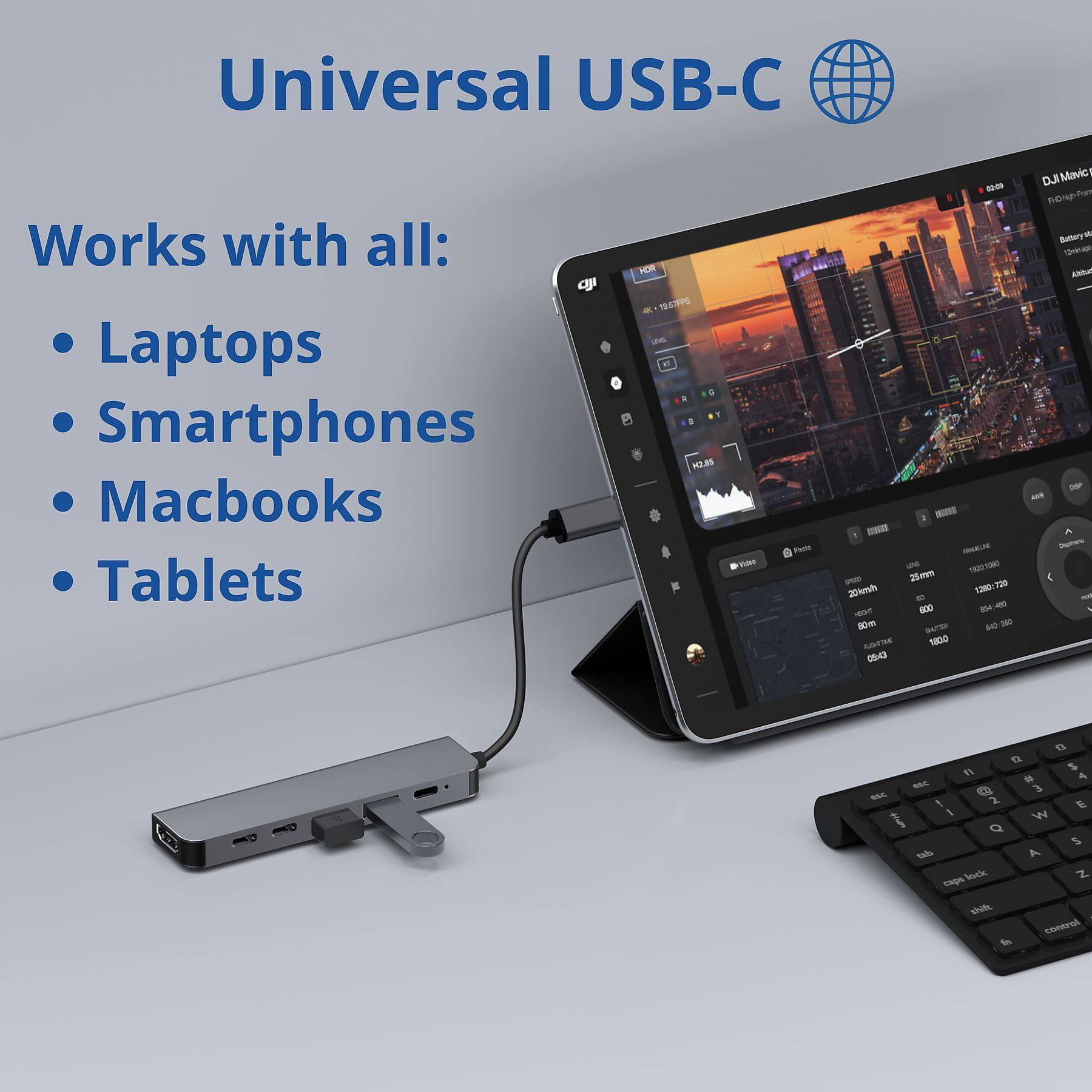 Universal USB-C Hub mit Tablet, Laptop, Smartphone und Tastatur.