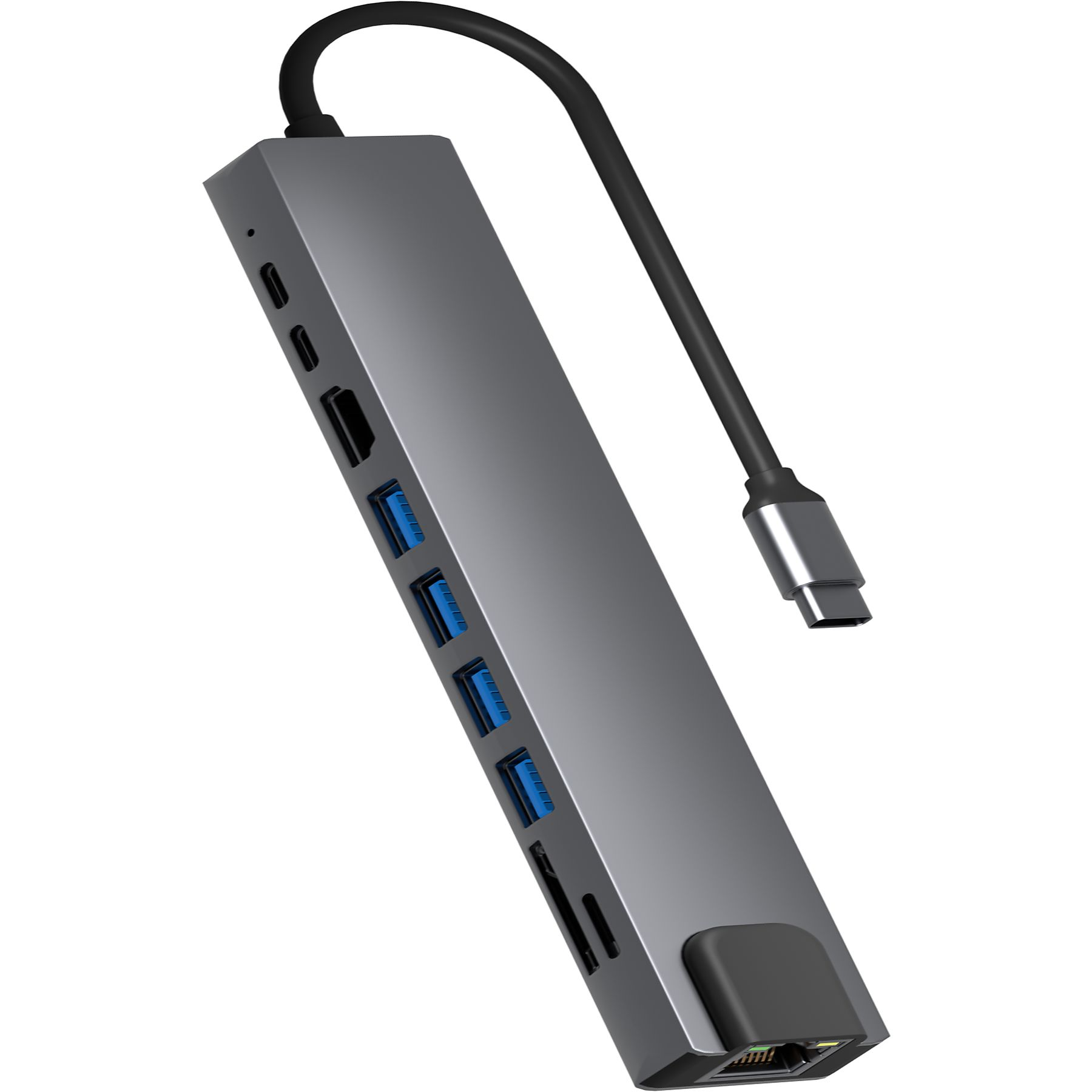 Ein grauer USB-Hub mit mehreren Anschlüssen und einem schwarzen Kabel.