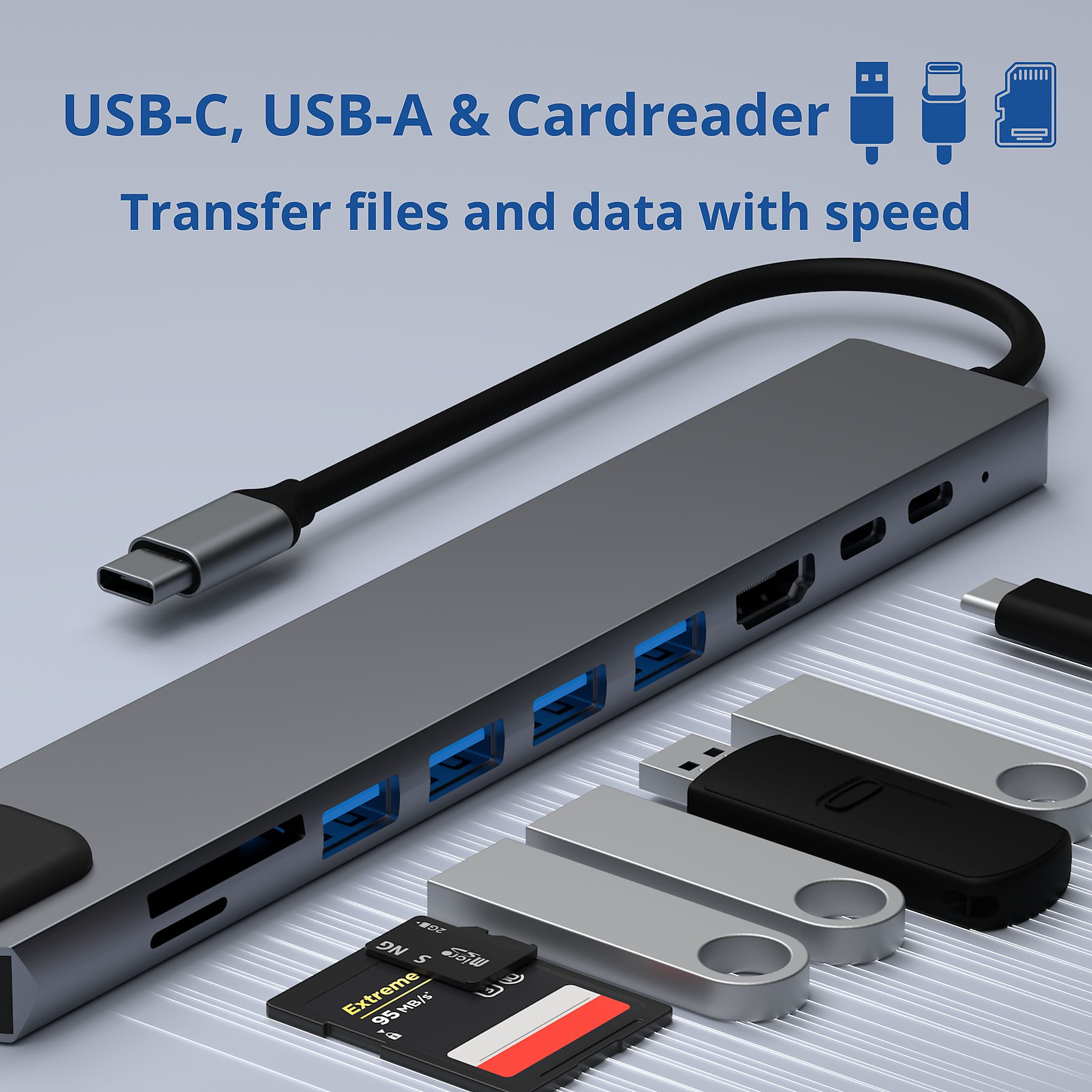 Ein silberner Hub mit mehreren Anschlüssen, USB-C, USB-A und SD-Kartensteckplätzen, mit verschiedenen Geräten.
