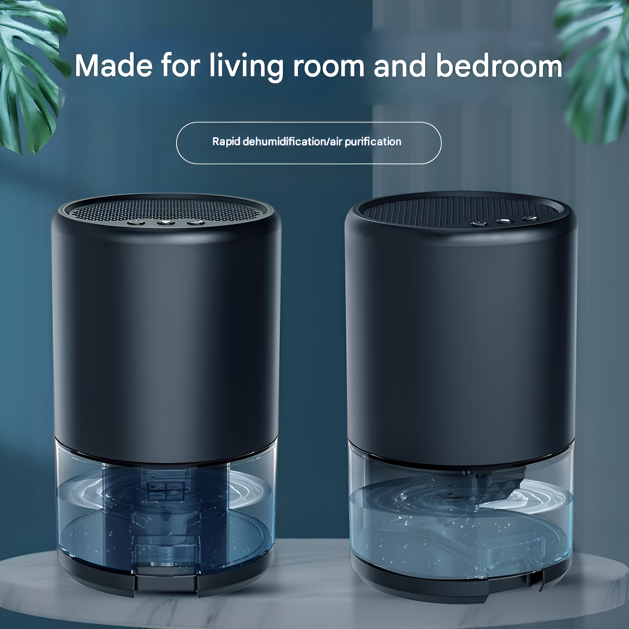 Zwei schwarze Luftentfeuchter mit blauen Wassertanks, für Wohn- und Schlafzimmer.