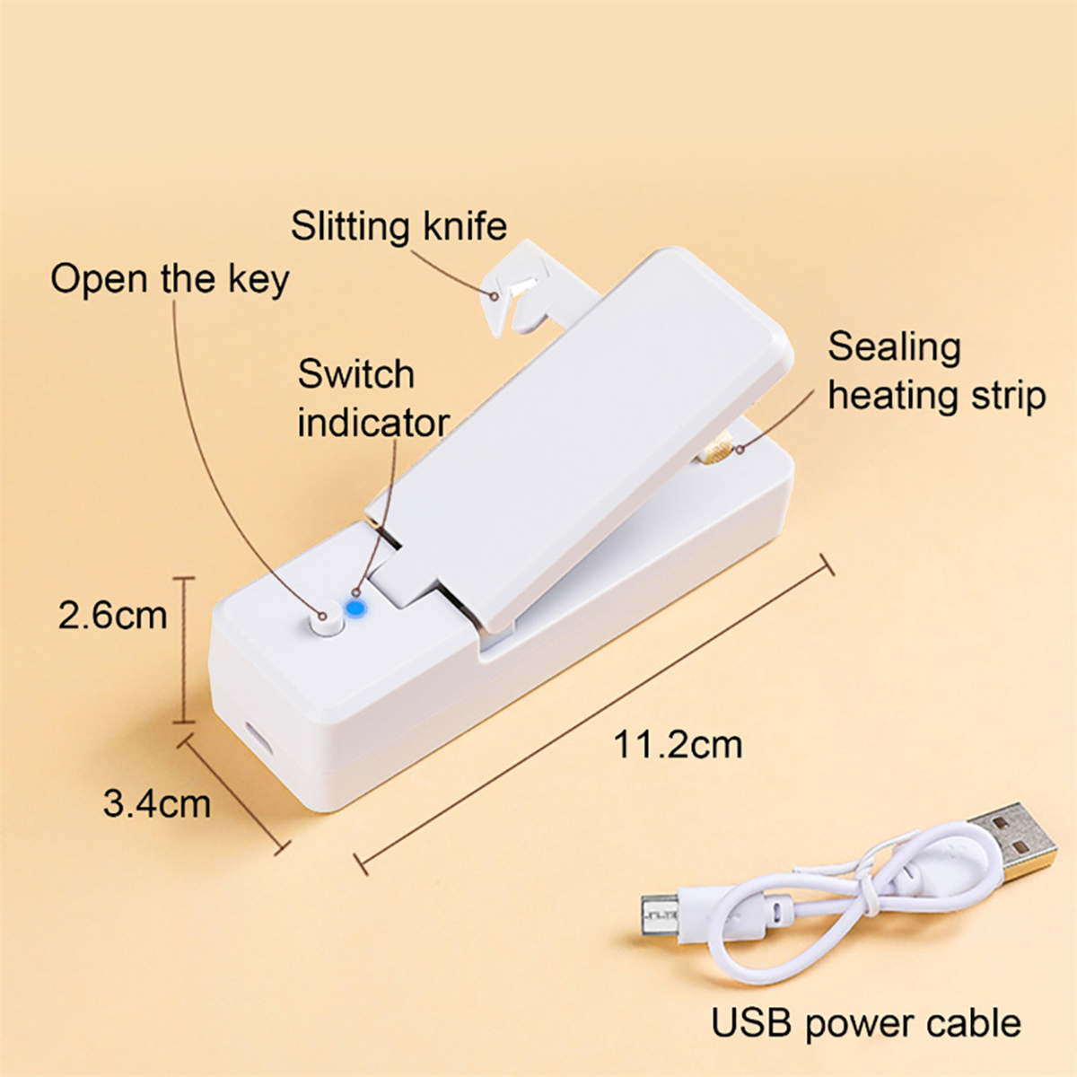 Ein weißes, tragbares Siegelgerät mit Maßen und einem USB-Kabel. Es hat ein Schneidemesser und eine Schalteranzeige.