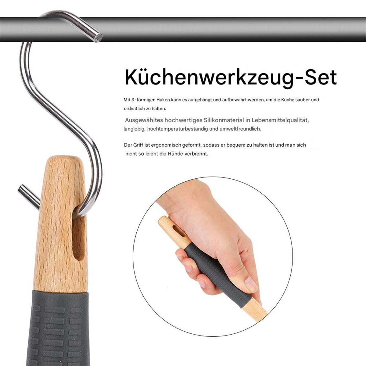 Nahaufnahme eines Küchenutensils mit Holzgriff und einer Hand, die es hält.