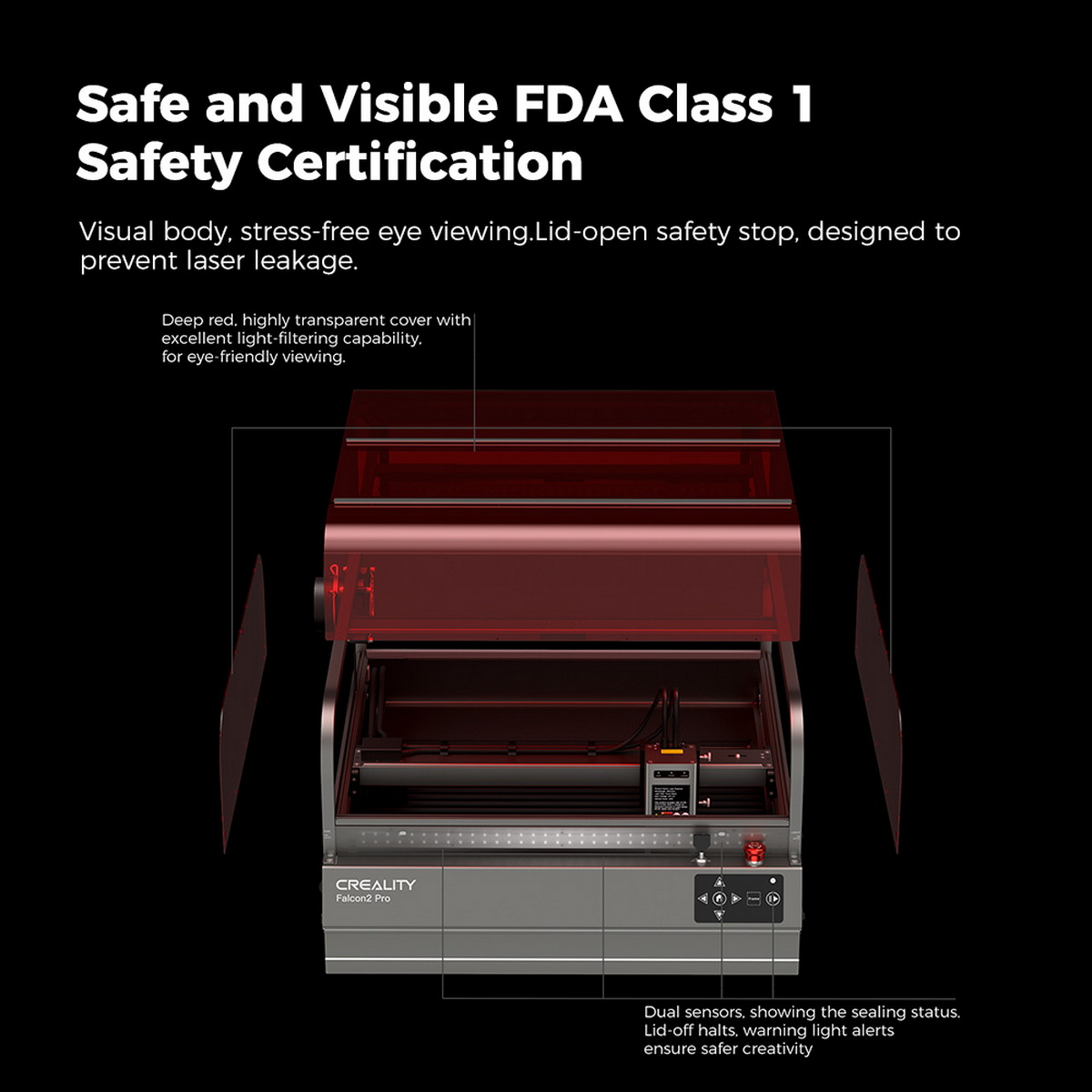 Eine Laserschneidemaschine mit roter, transparenter Abdeckung. Der Text auf dem Bild lautet 'Safe and Visible'.