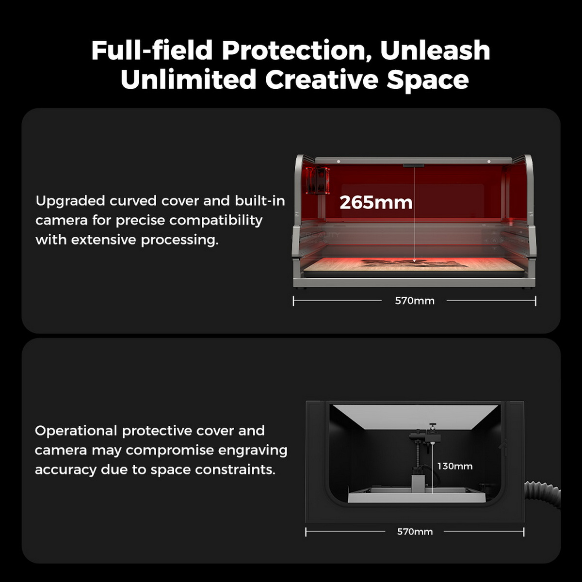 Lasergravierer mit roter Abdeckung, Abmessungen sind 570mm x 265mm. Das Gerät hat Abmessungen von 570mm x 130mm.