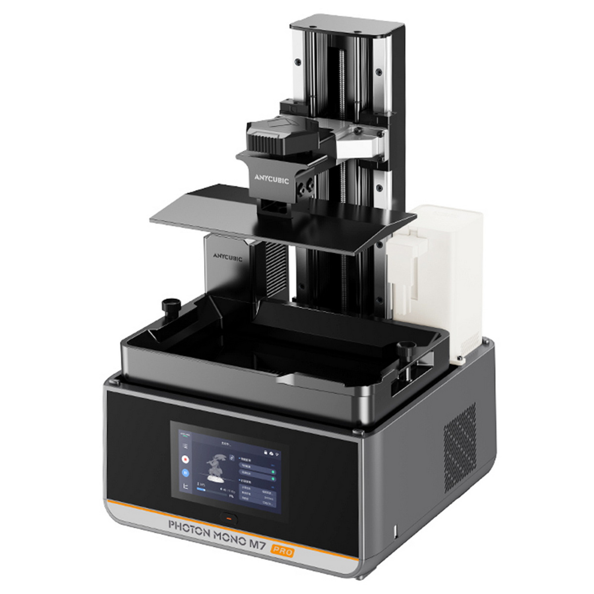 Una impresora 3D con pantalla frontal y tanque blanco lateral.