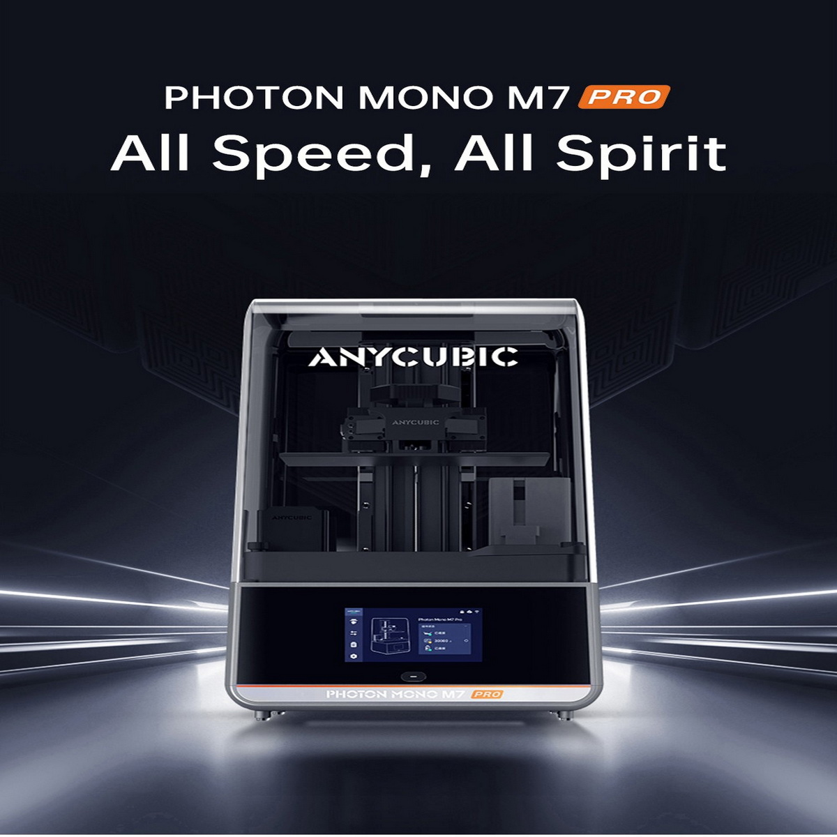 Impresora 3D ANYCUBIC Photon Mono M7 Pro, negro y plata, con un modelo dentro y una pantalla mostrando información.