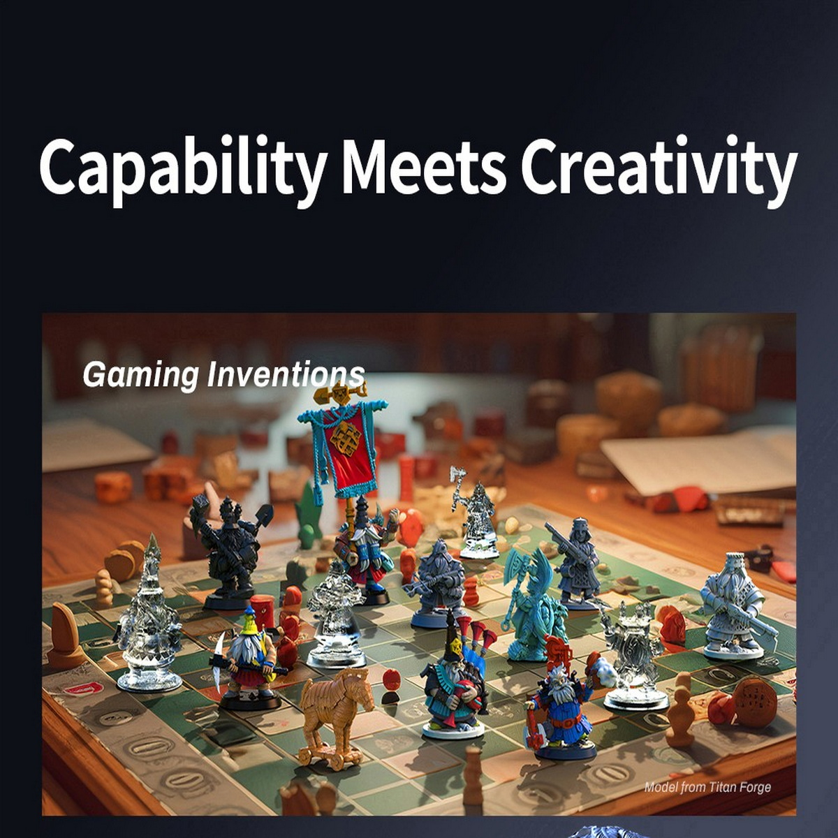 Un tablero de juego con figuras en miniatura, configurado para un juego de mesa de fantasía con Gaming Inventions.