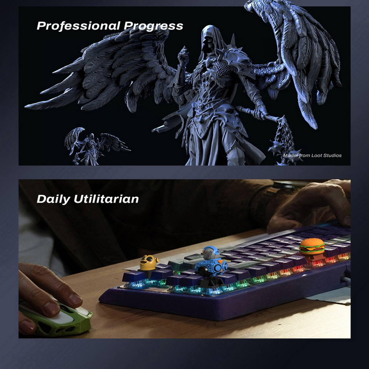 Una imagen dividida con una estatua de ángel y un teclado con teclas personalizadas y un coche verde.