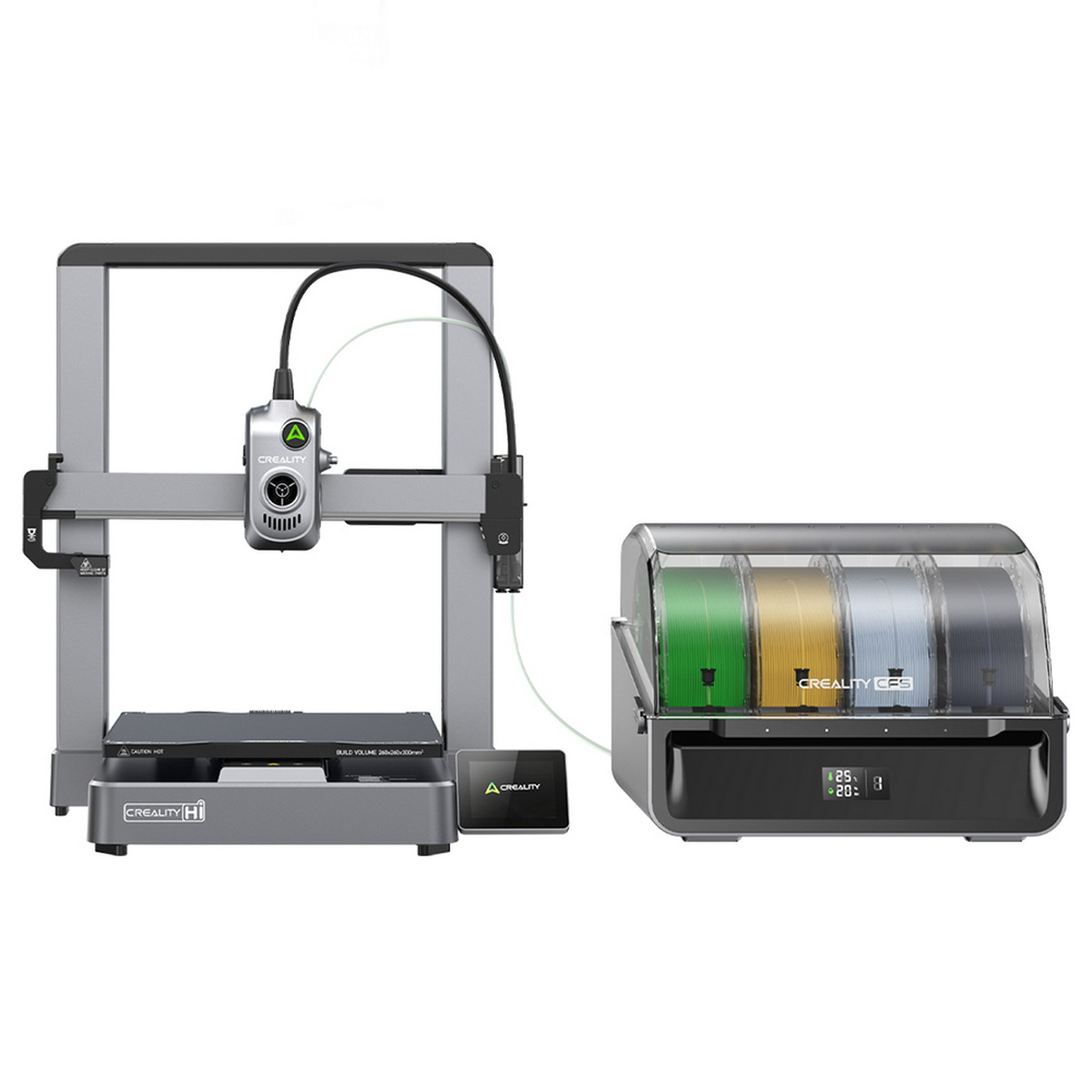 Drukarka 3D z przechowywaniem filamentu. Szara rama i czarna podstawa. Widoczne zielone, żółte, szare filamenty.