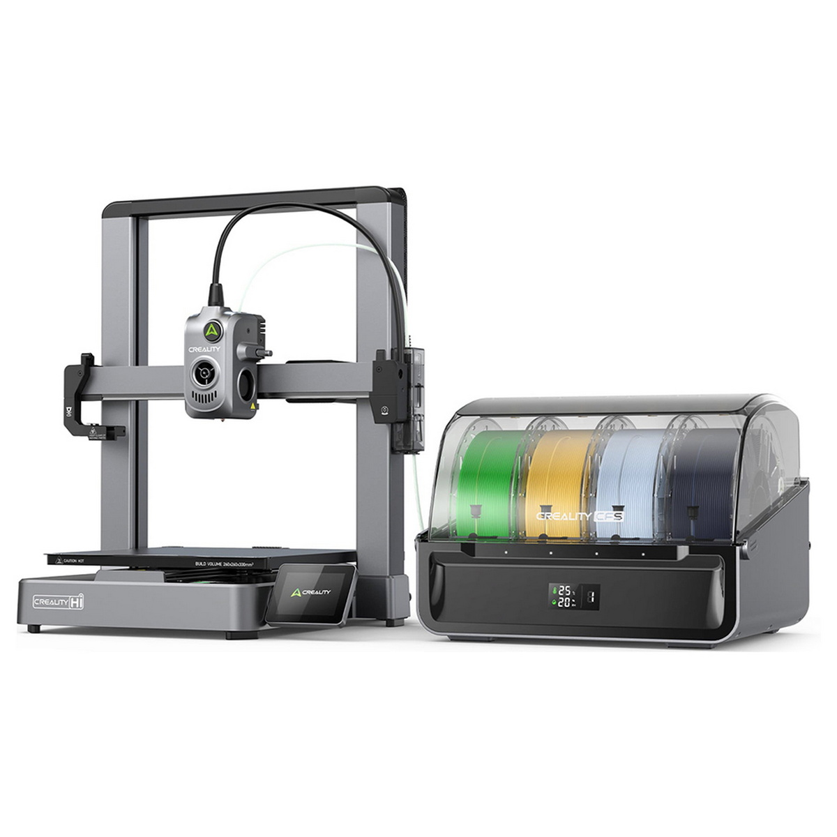 Drukarka 3D i pojemnik do przechowywania filamentu. Drukarka jest szara i czarna, pojemnik czarny i przezroczysty.