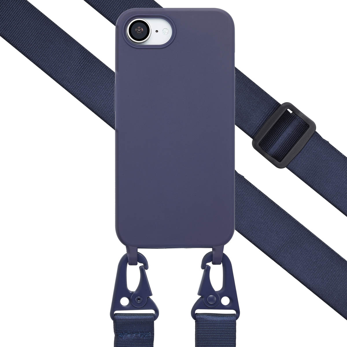 Donkerblauwe telefoonhoes met riem en haken.