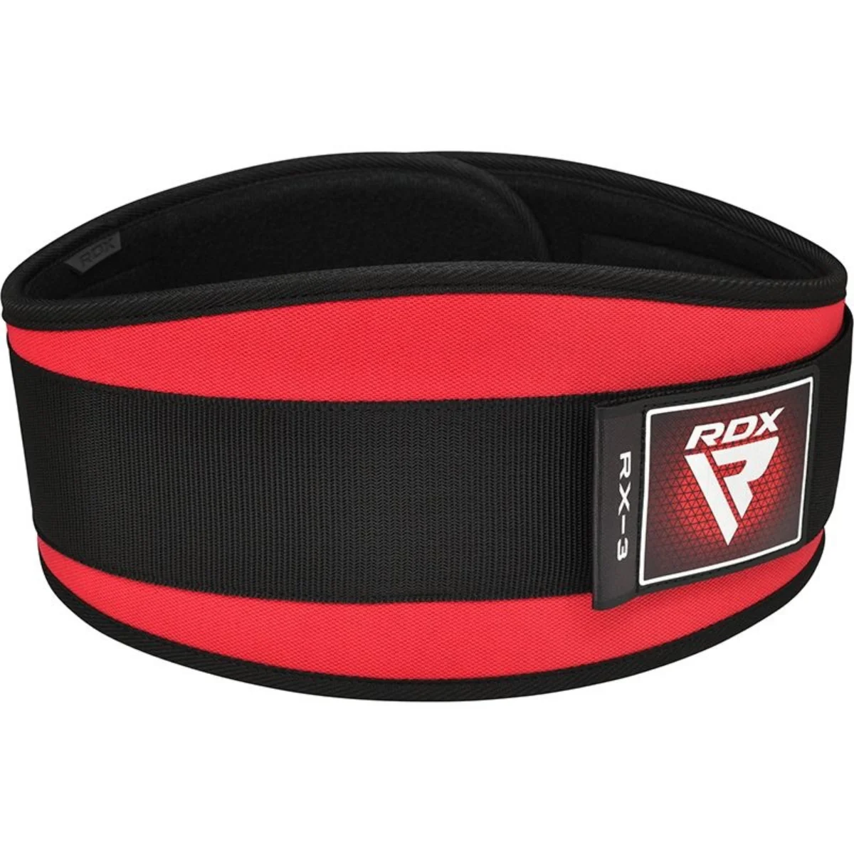 Red and black weightlifting belt. Features a black center and the RDX logo.