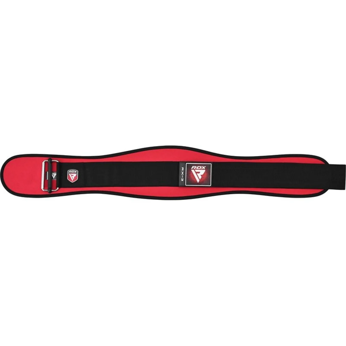 Red and black weight lifting belt. Includes RDX logo in white.