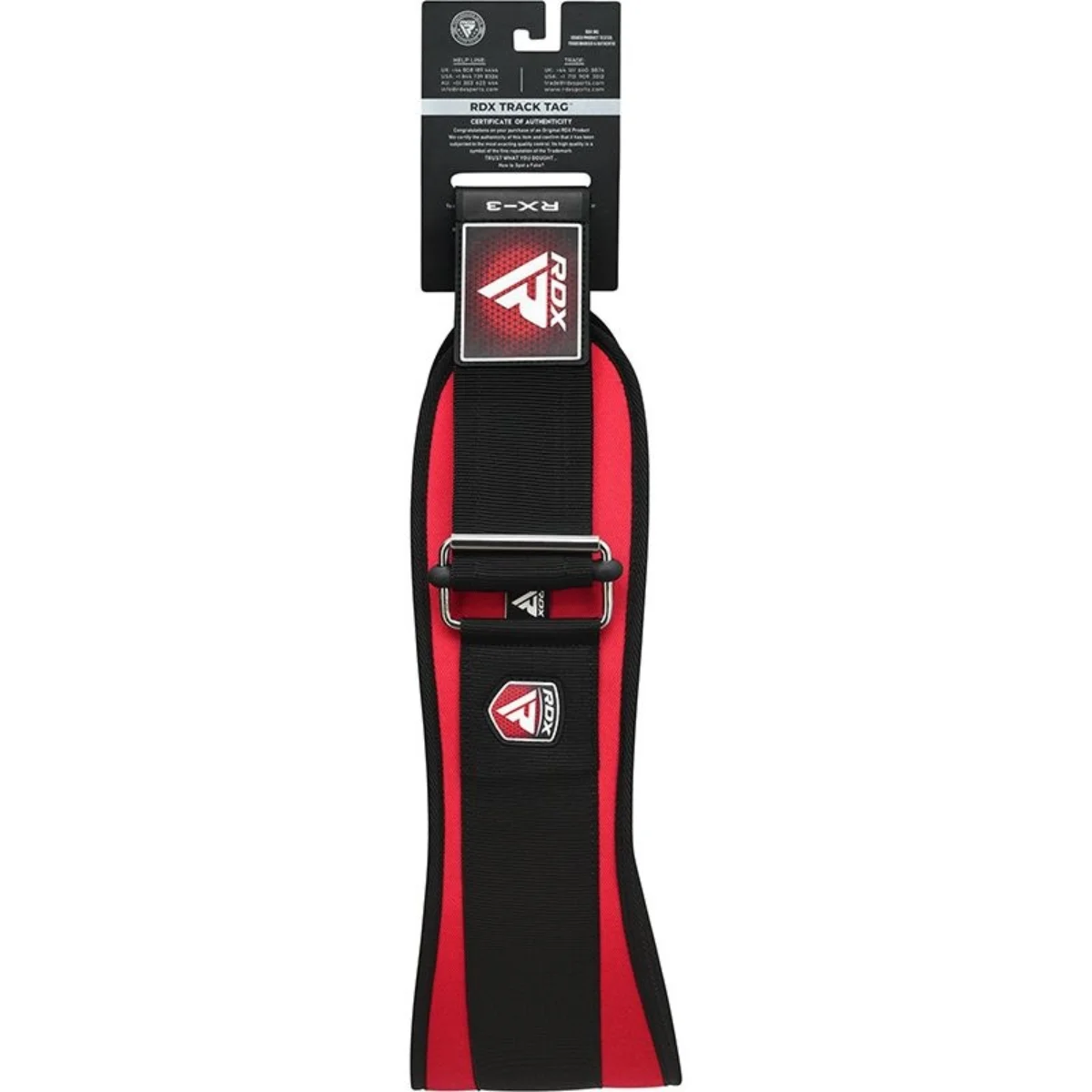 A black and red RDX track tag. The tag has a red and black design. It's on a white background.