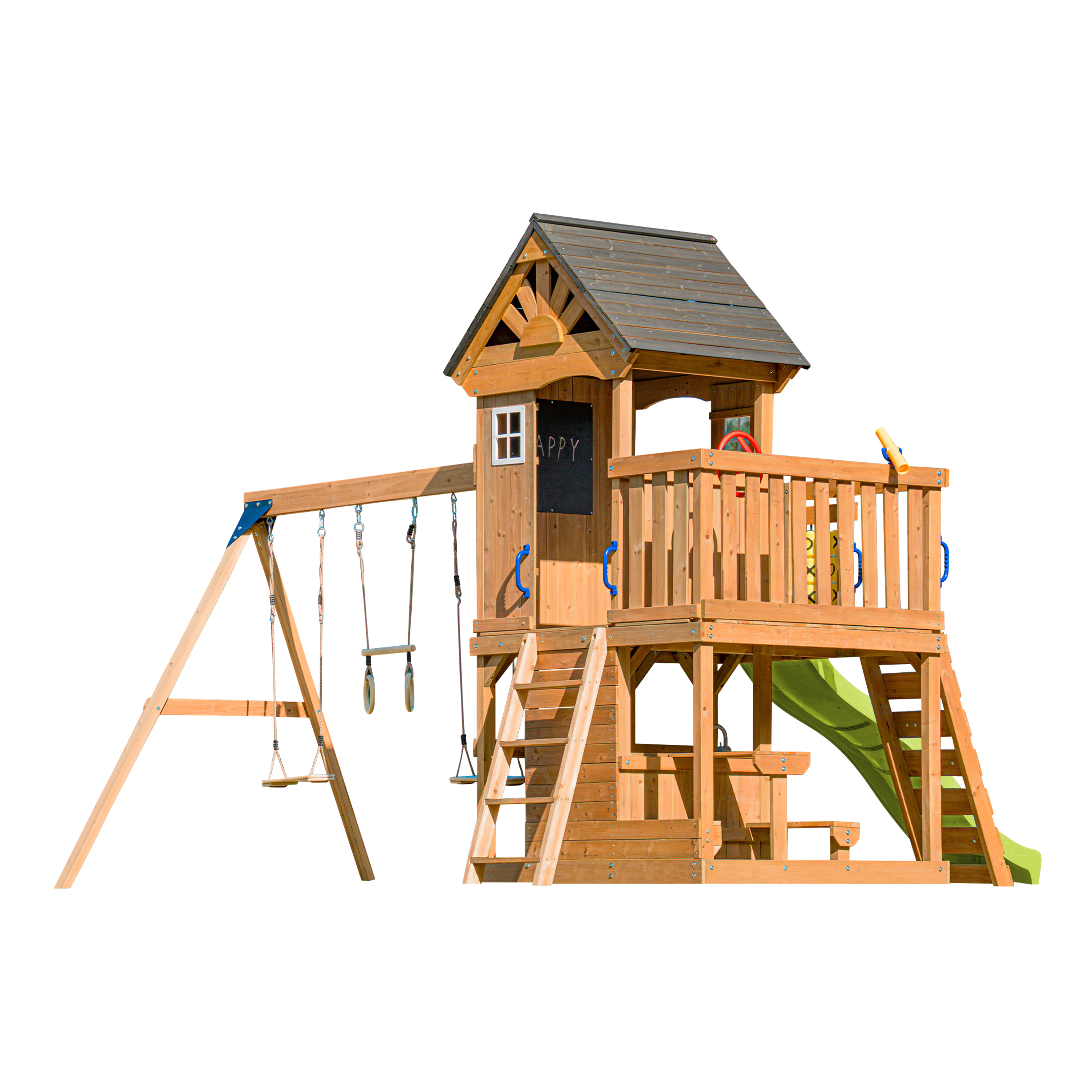 Ein Holzspielplatz mit Schaukeln, Rutsche und einem Spielhaus mit dem Wort 'HAPPY'.