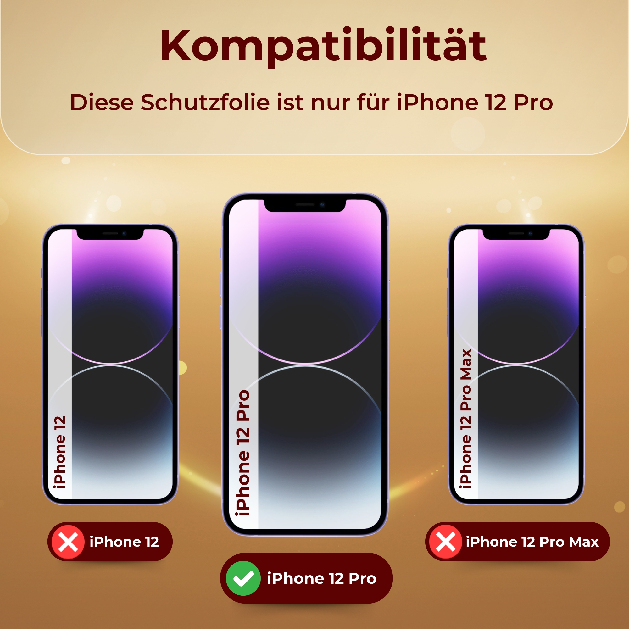 Drei Telefone. Mittleres Telefon ist iPhone 12 Pro. Andere sind inkompatibel.