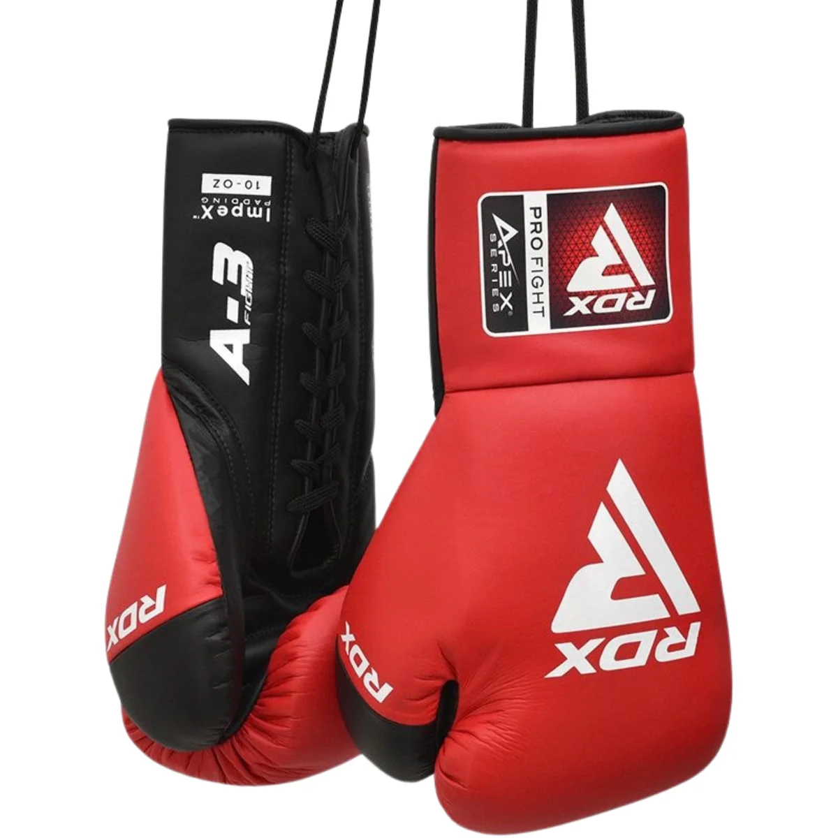 Red and black boxing gloves hanging together. Text on the gloves reads 'RDX' and 'A-3'.