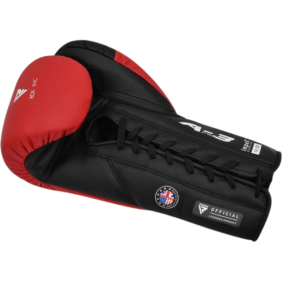 Black and red boxing glove, with laces and official logo.