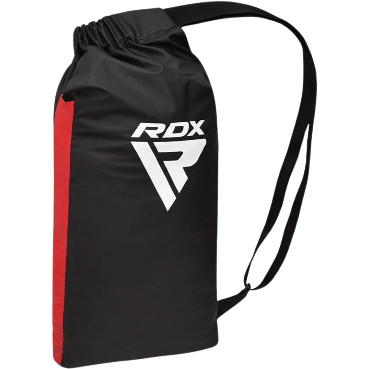 Black duffel bag with a red stripe and white logo, featuring a drawstring and strap.