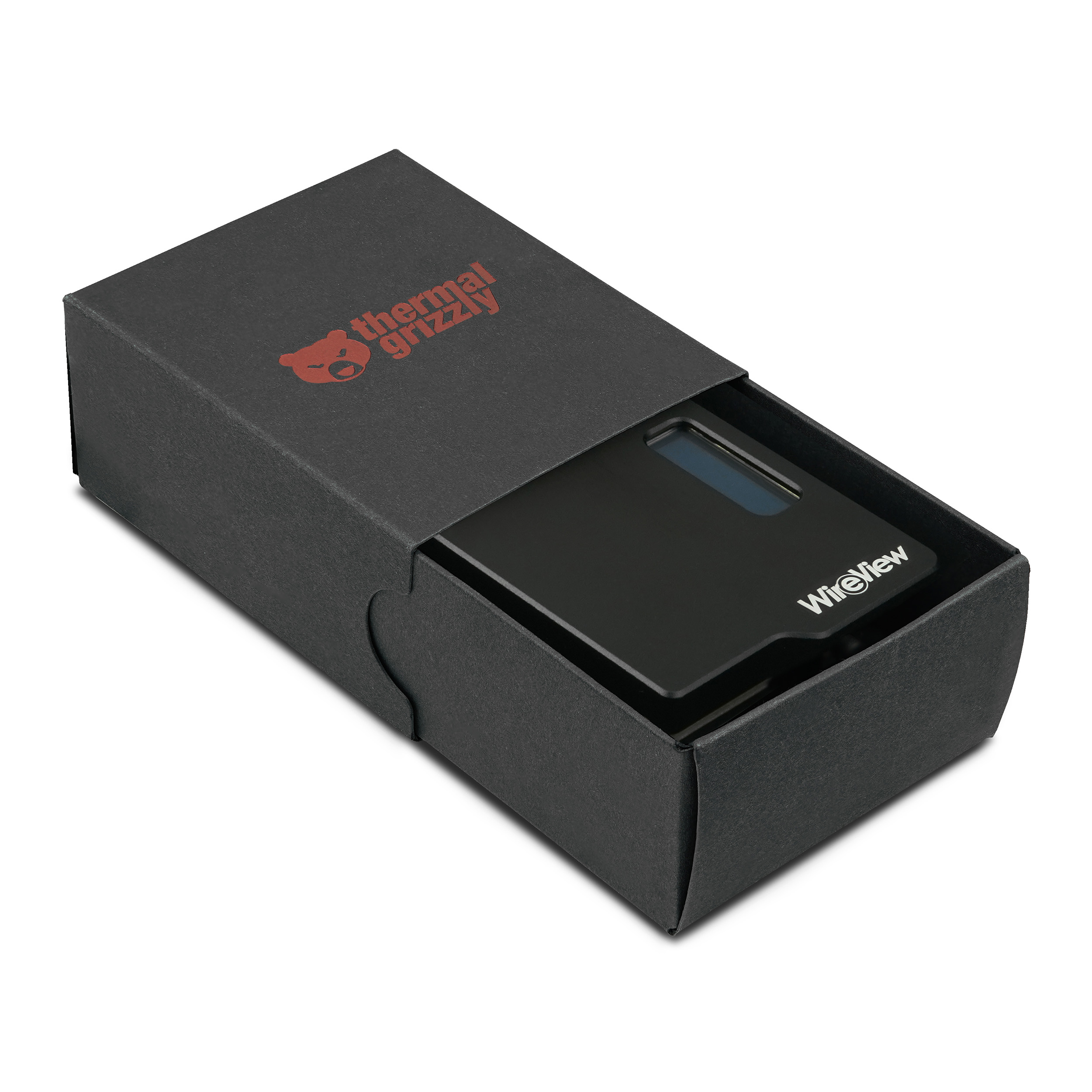 Schwarze Box mit einem schwarzen Gerät darin und einem Markenlogo.