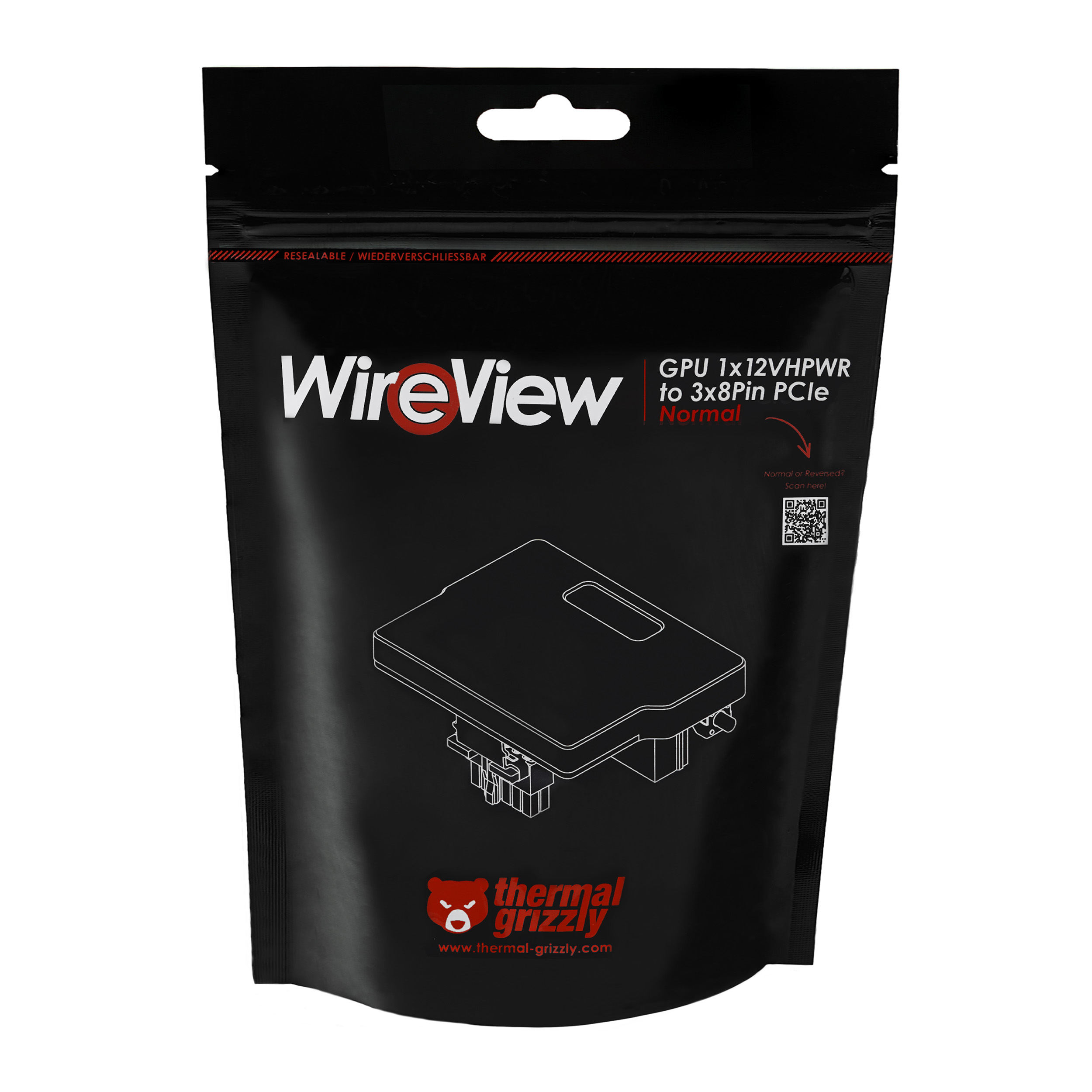 Eine schwarze WireView-Verpackung mit einer schwarzen Komponente, mit Thermal Grizzly-Branding.