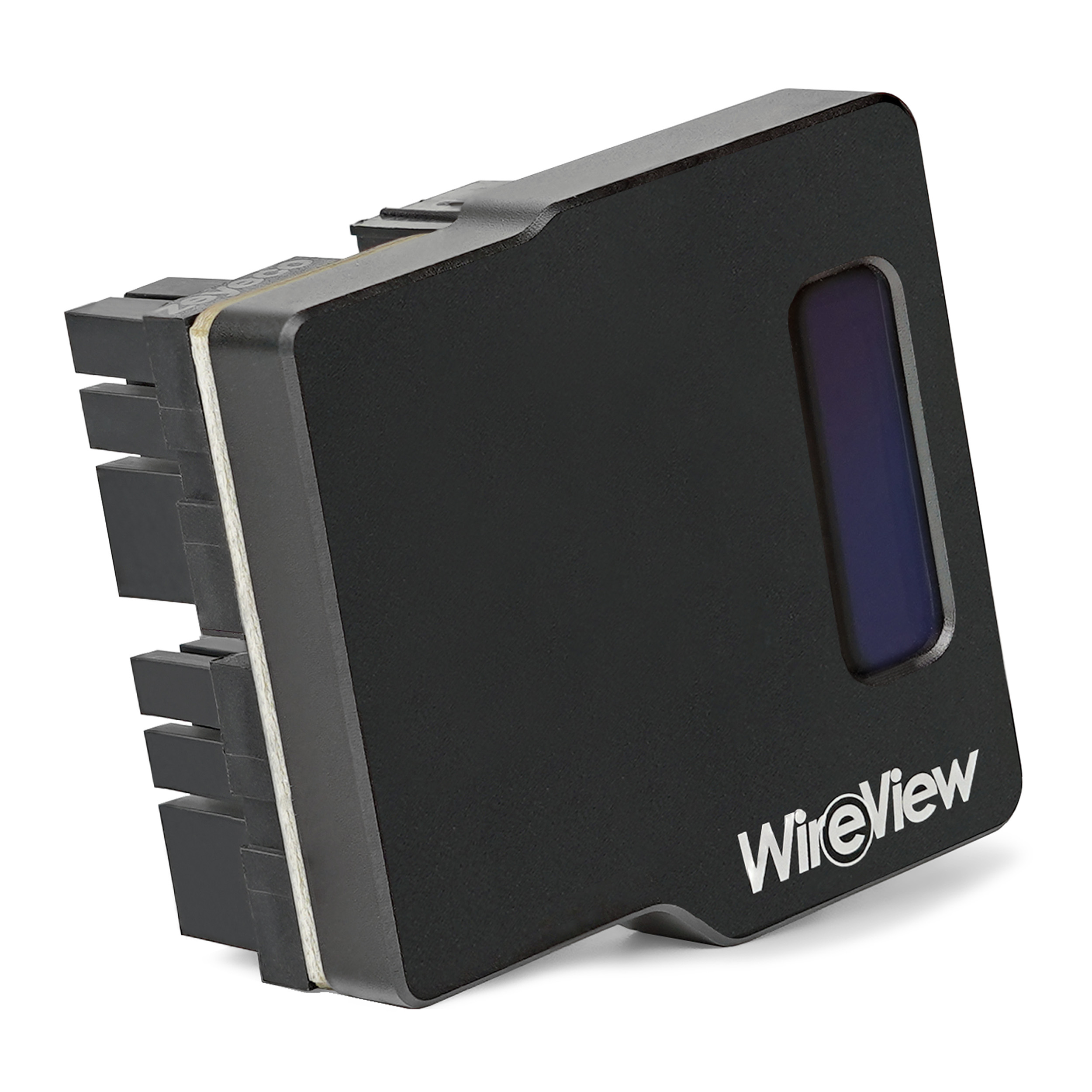 Schwarzes elektronisches Gerät mit dunkelblauem Bildschirm, Wort 'WireView'.