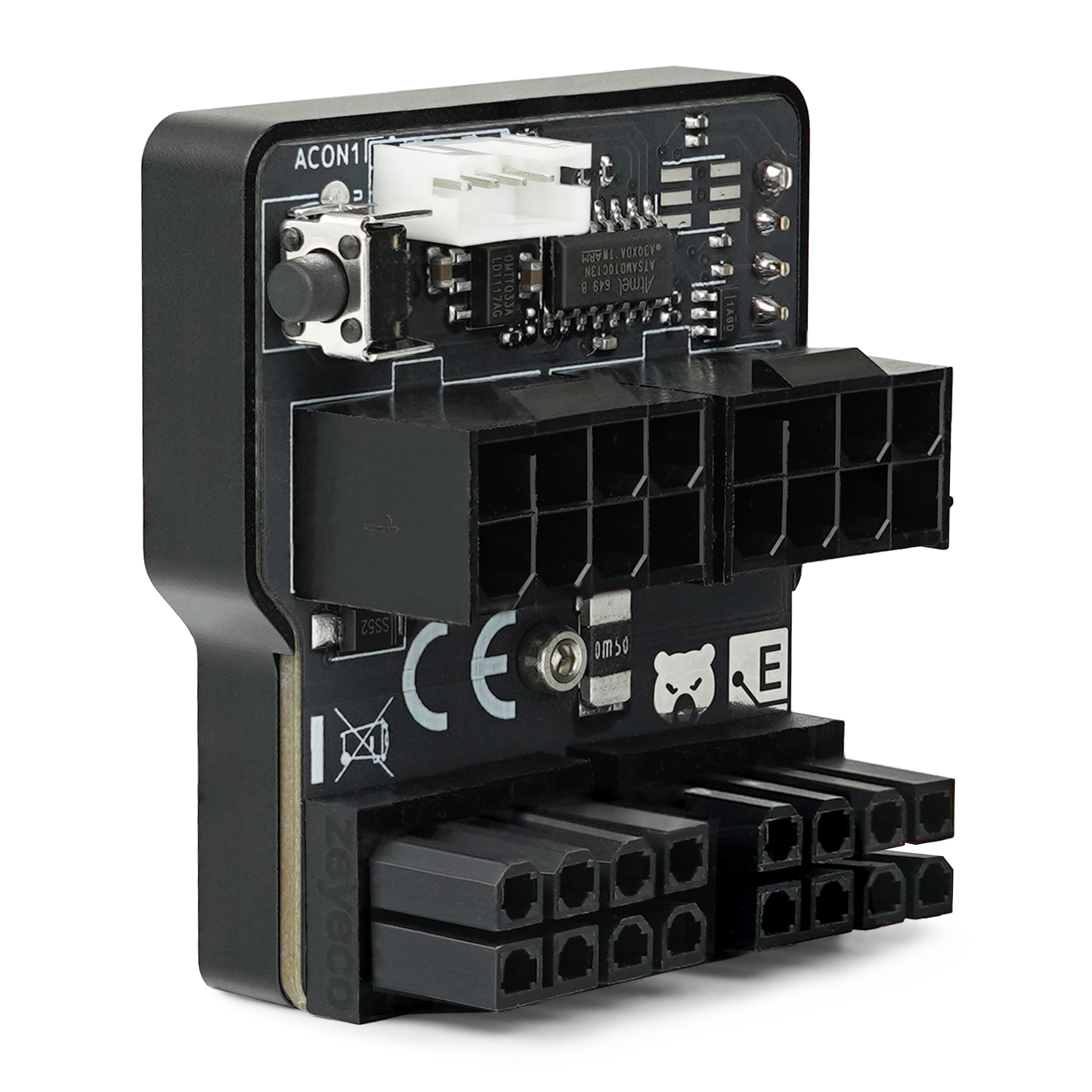 Schwarzes elektronisches Bauteil mit mehreren Anschlüssen, Knöpfen und einer Leiterplatte mit integrierten Schaltkreisen.