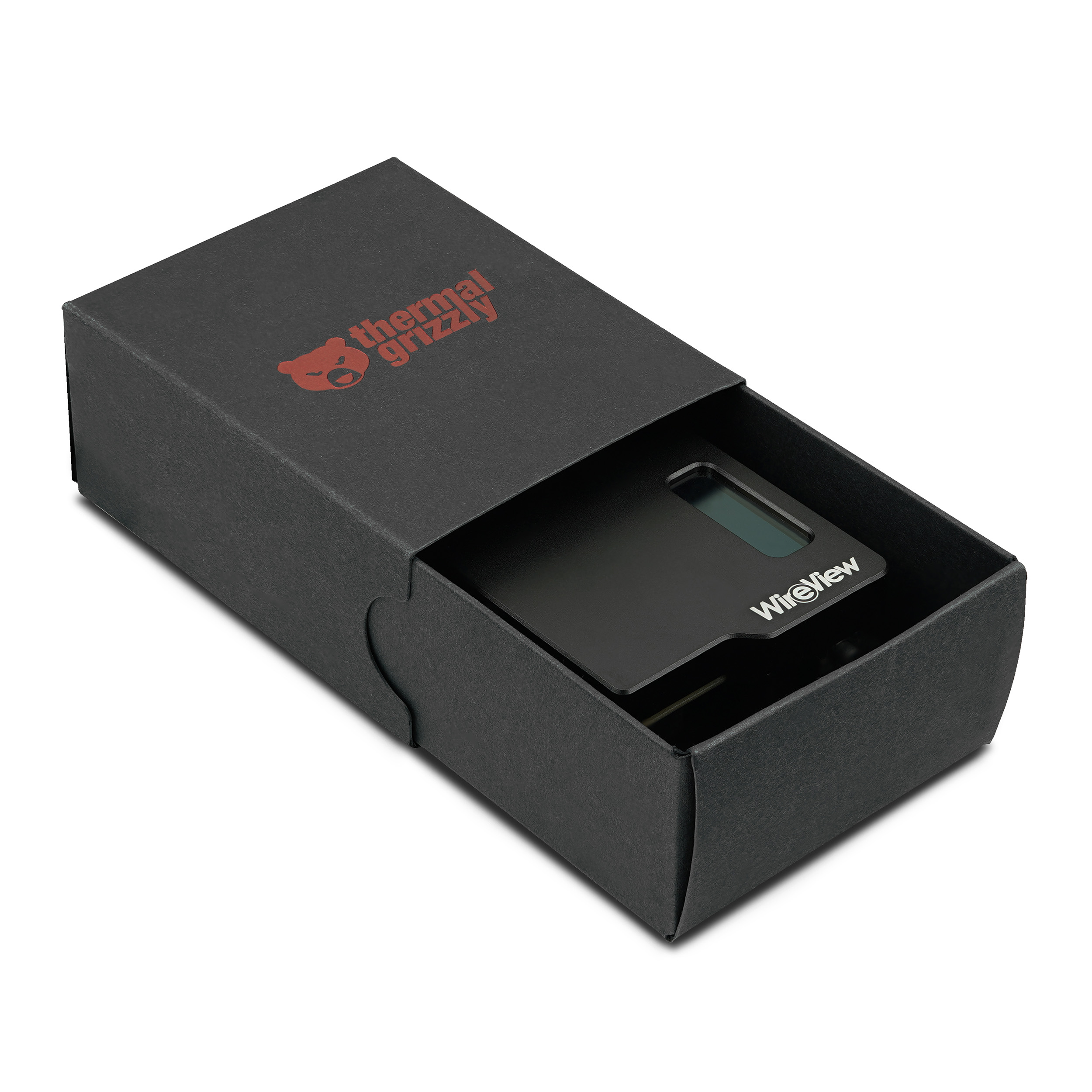 Schwarze Box mit einem schwarzen Gerät darin, Logo auf der Box. Das Gerät hat einen Bildschirm.