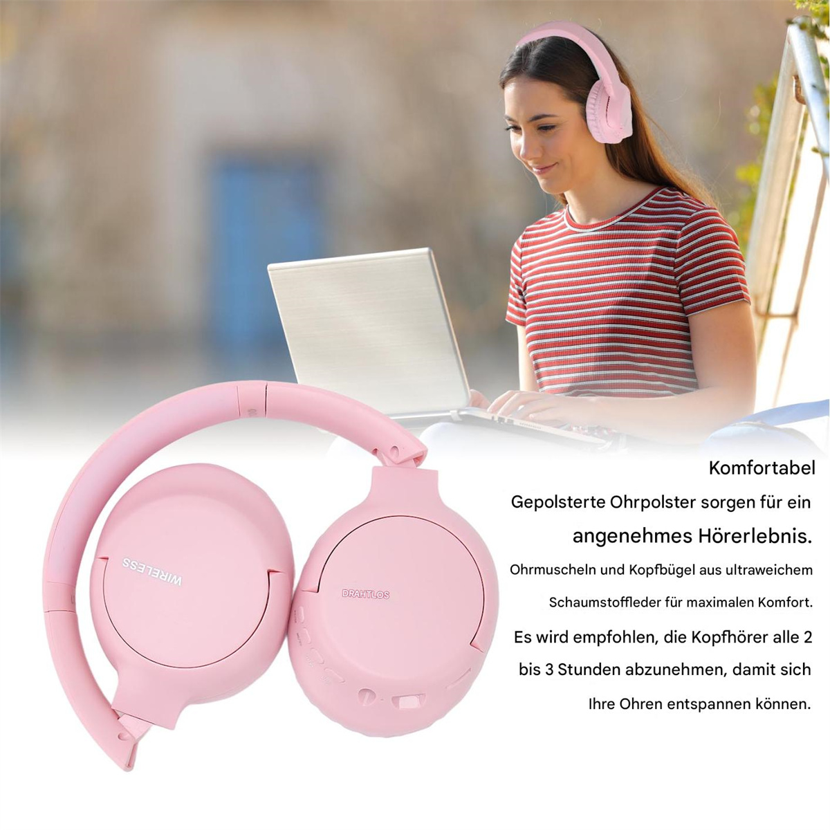 Eine Frau mit rosa Kopfhörern, die einen Laptop benutzt, mit Text über Komfort an der Seite.