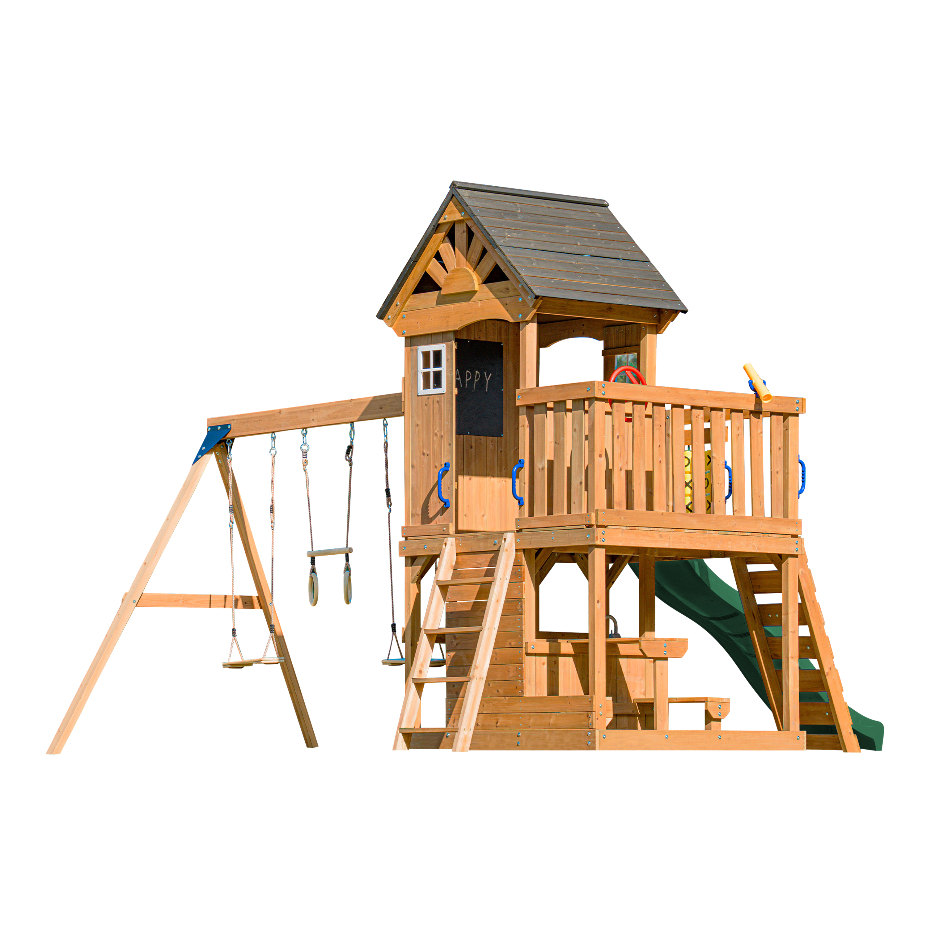 Spielhaus aus Holz mit Schaukeln, Rutsche, Treppe und einer Tafel mit dem Wort 'HAPPY'.