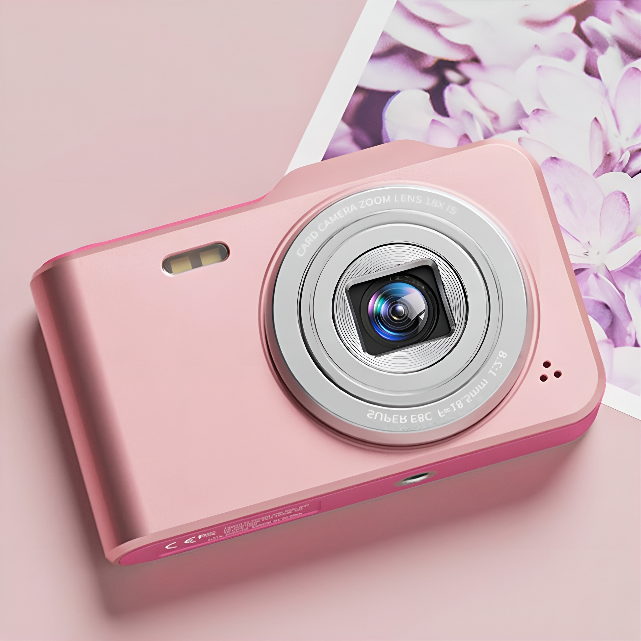 Rosa Digitalkamera auf rosa Oberfläche. Objektiv mittig mit Tasten und Text.