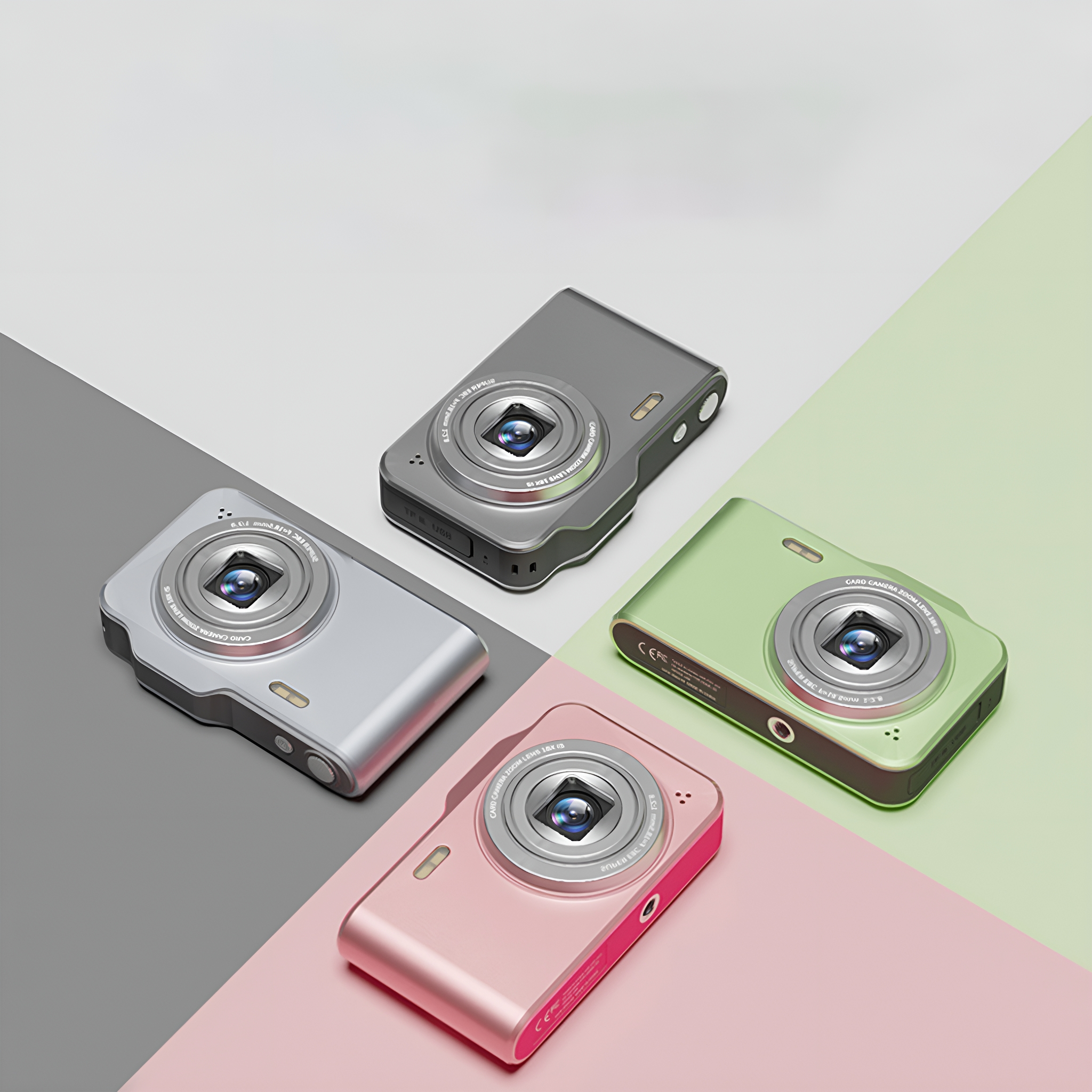 Vier kleine Digitalkameras, silber, grau, rosa und grün auf einer Farbverlaufsfläche.