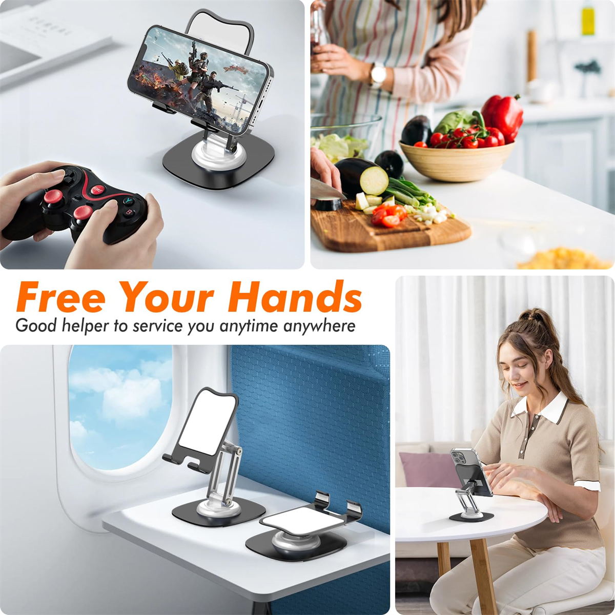 Collage, das einen Telefonhalter in verschiedenen Nutzungsszenarien zeigt, mit Text "Free Your Hands".