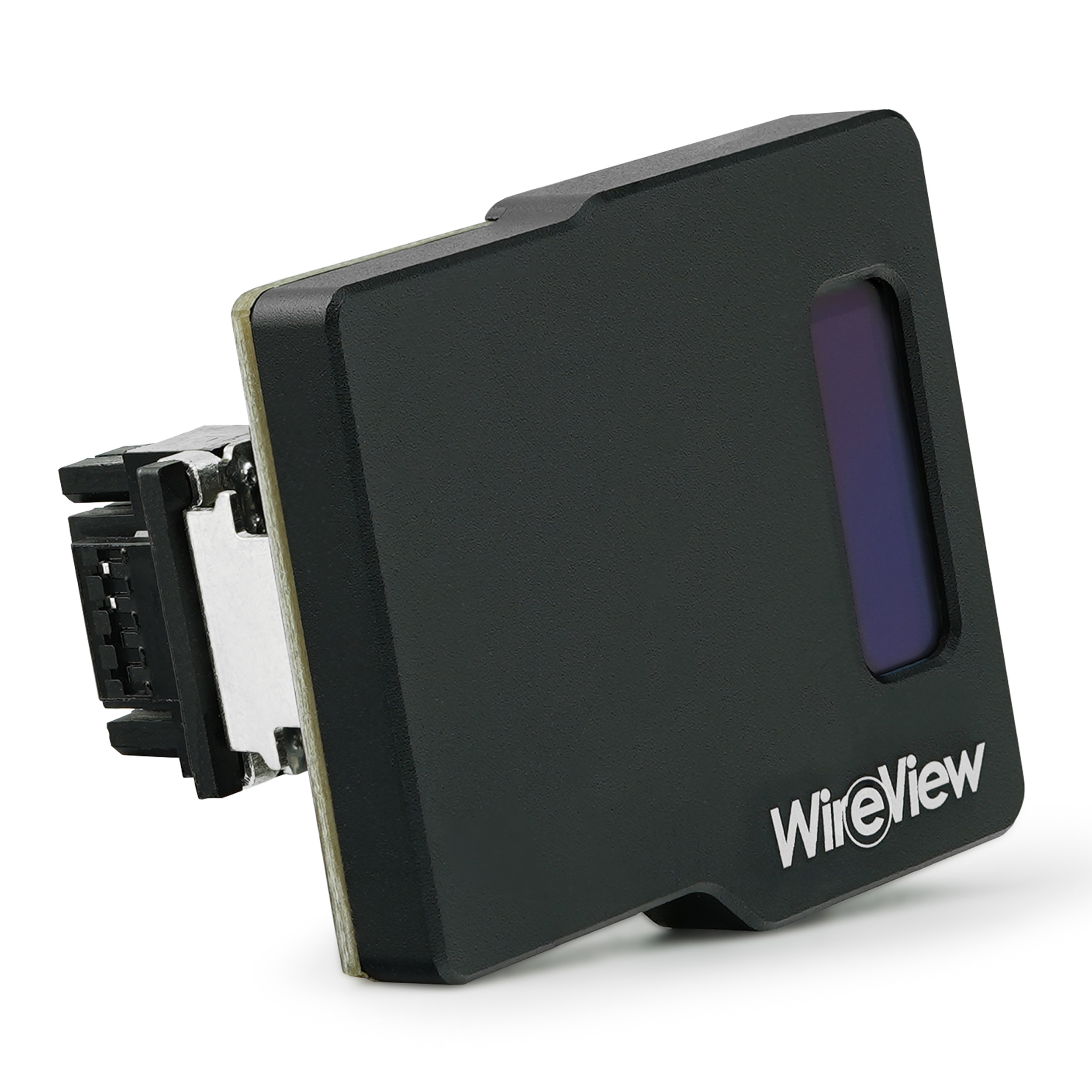 Sensore fotocamera nero con connettore, sfondo bianco. Logo WireView.