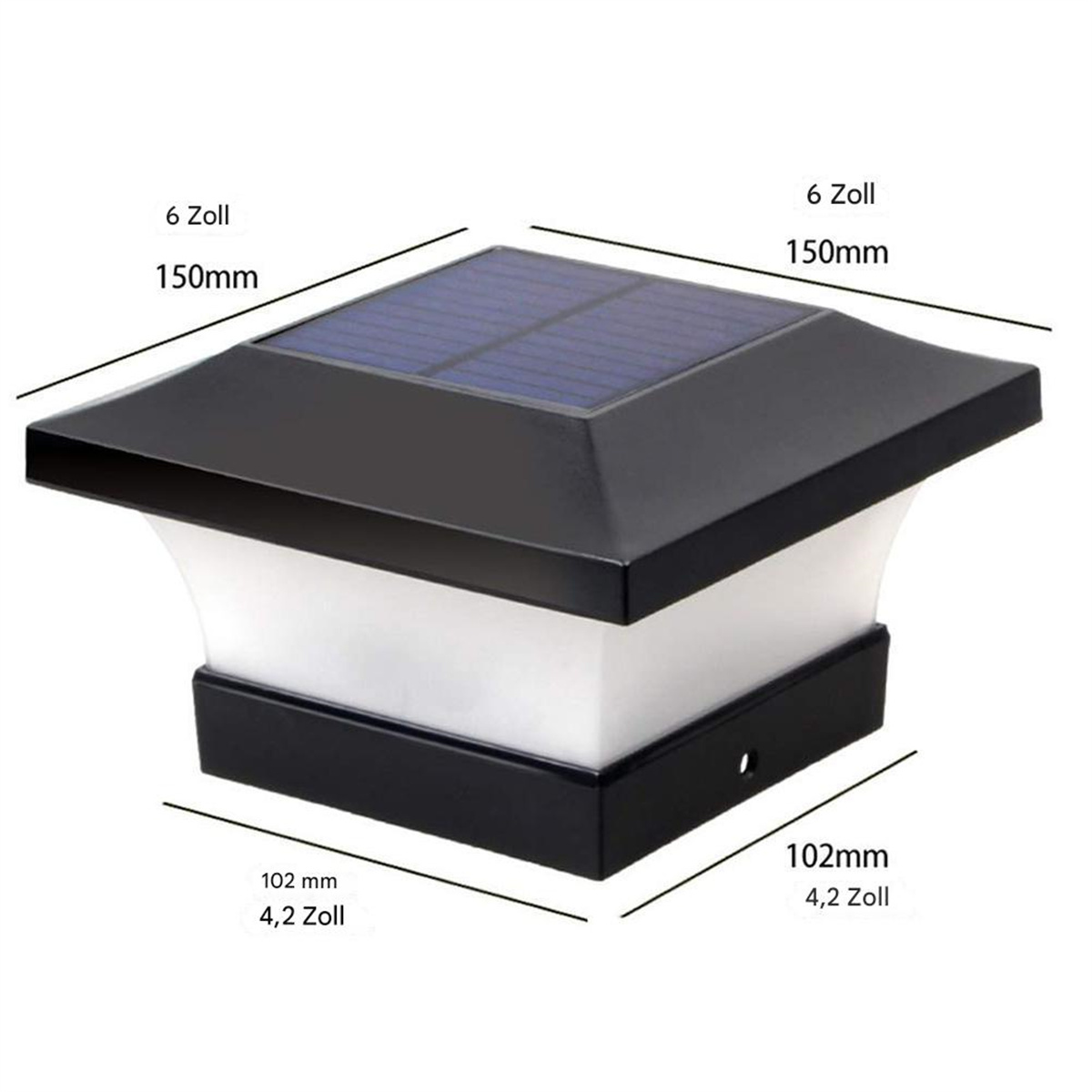 Eine schwarze Solar-Pfostenleuchte mit Abmessungen. Sie hat ein Solarpanel oben und einen weißen Lichtabschnitt.