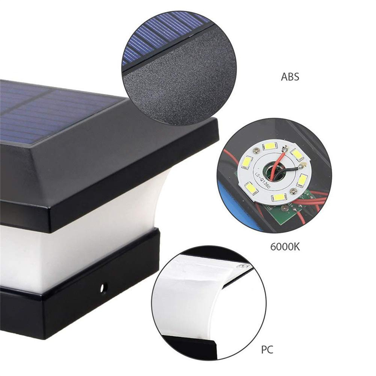 Eine schwarze solarbetriebene LED-Leuchte mit Details ihrer Komponenten. Details der LED und des Gehäuses.