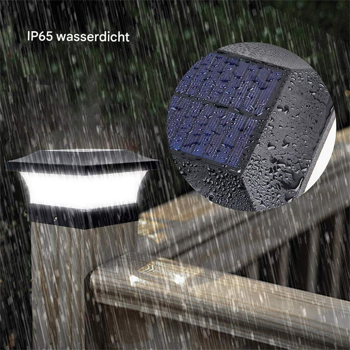Eine solarbetriebene Leuchte, die auf einem Holzzaun installiert ist. Regen fällt auf die Leuchte.