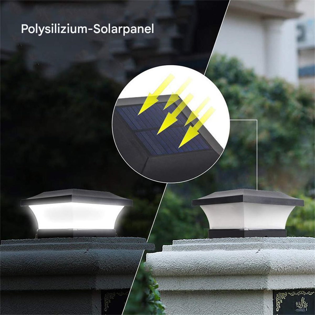Solarbetriebene Pfostenleuchten. Eine ist an, eine ist aus. Zaun im Hintergrund.