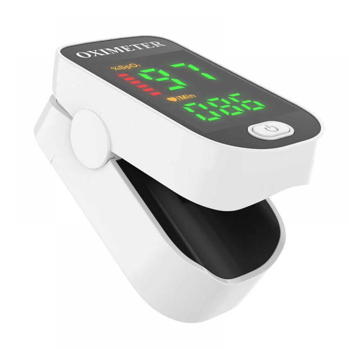 Weißes Oximeter, das Messwerte anzeigt, mit digitaler Anzeige und Ein- / Ausschalttaste.
