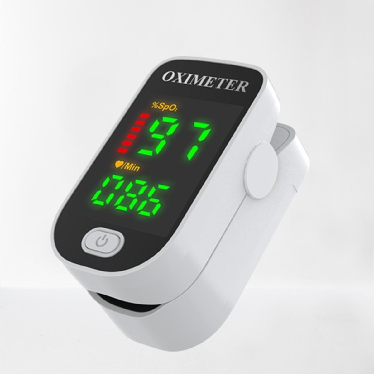 Weißes Oximeter, das Messwerte anzeigt, mit digitaler Anzeige und Ein- / Ausschalttaste.