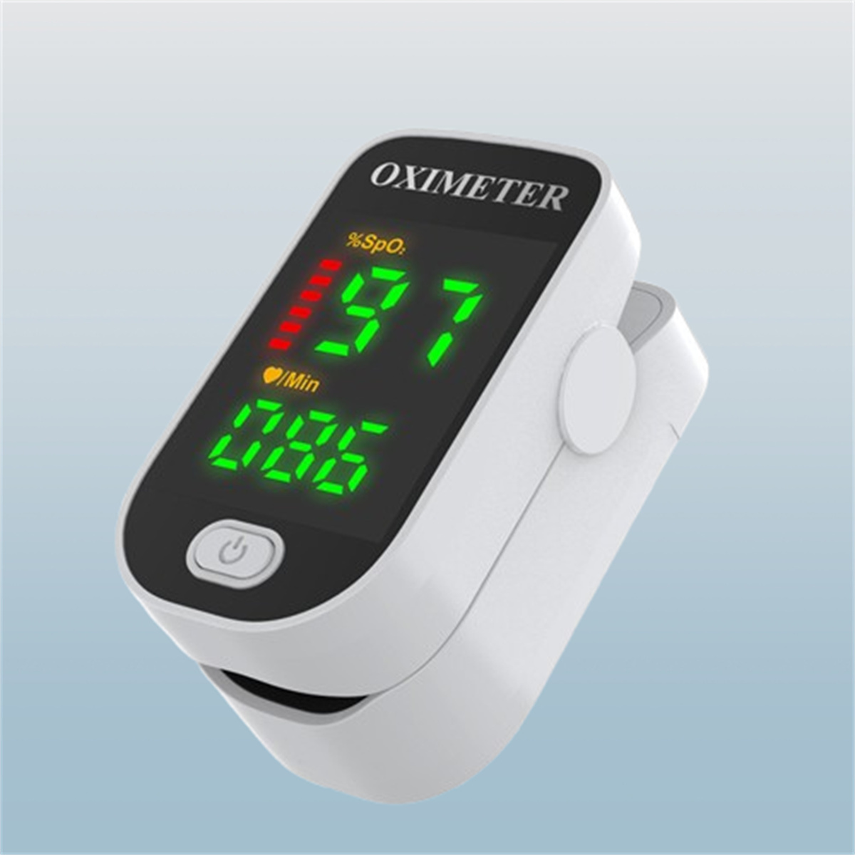 Oximeter zeigt SpO2 97% und Puls 086. Weißer und hellblauer Hintergrund.