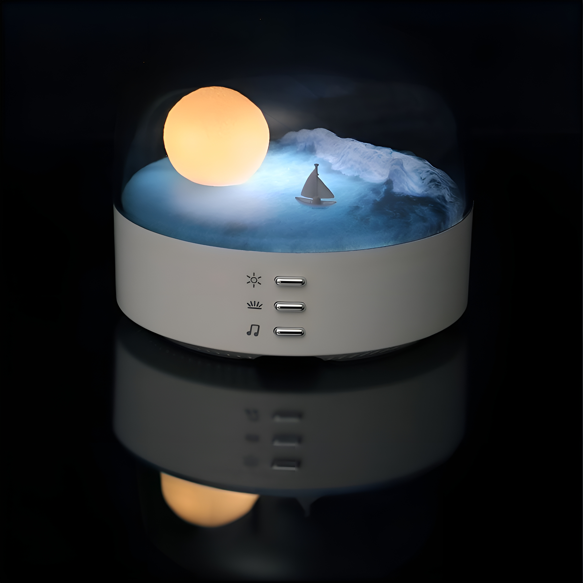 Kleine Lampe mit Mond und Boot in einer nebligen Szene, mit Licht- und Musiksteuerungstasten.