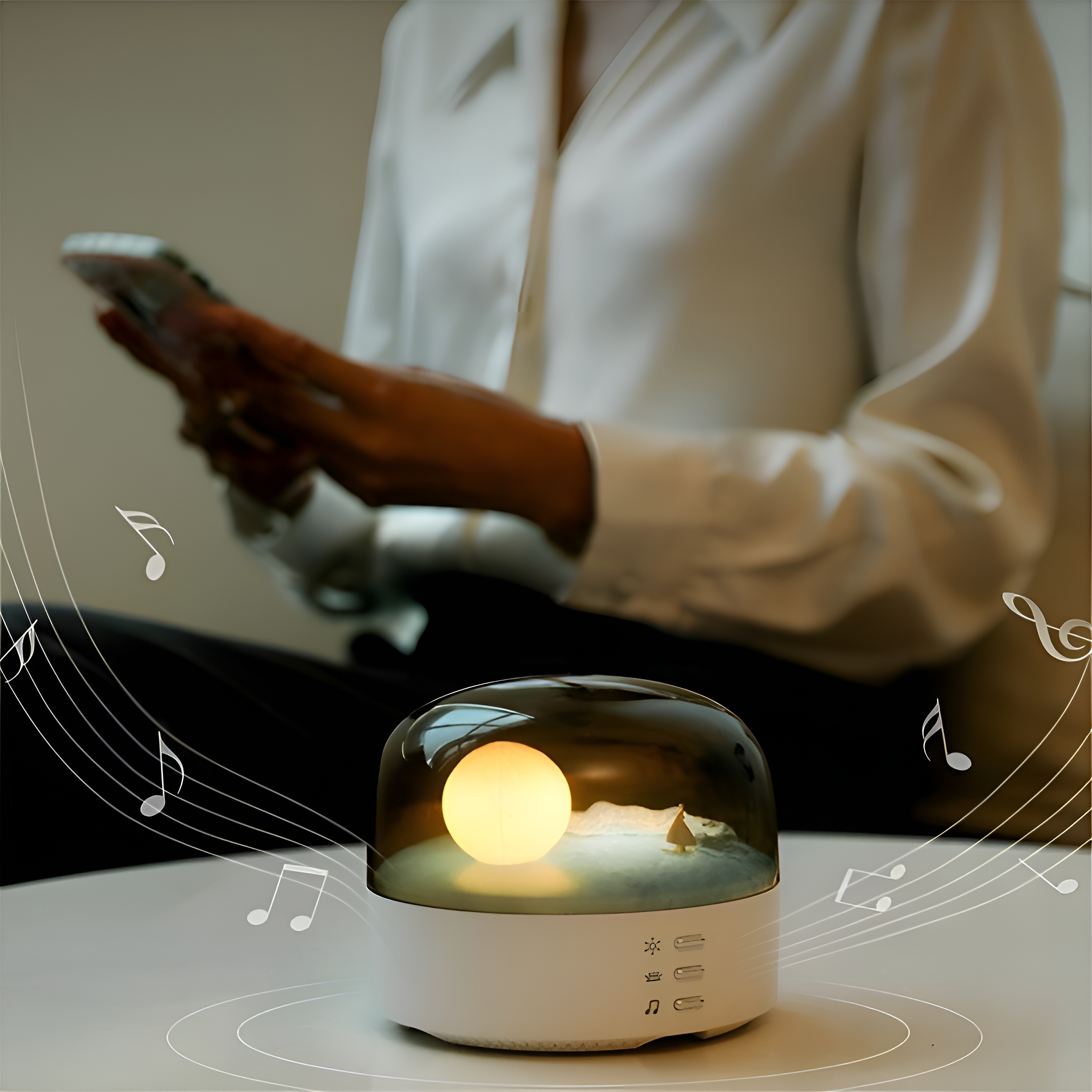 Person hält Telefon in der Nähe einer Lampe. Lampe hat Licht, eine Kuppel und Noten.