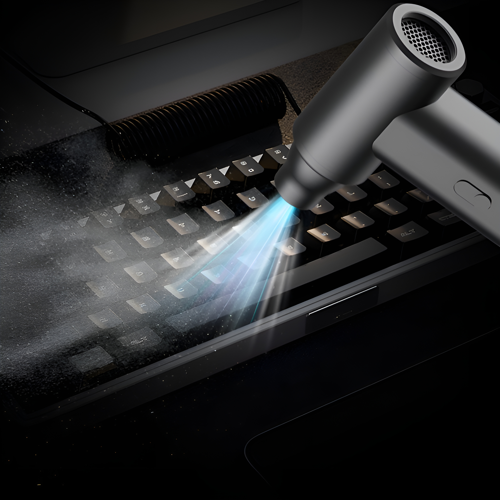 Eine schwarze Tastatur wird mit einem kleinen Luftkompressor mit blauem Strahl gereinigt.