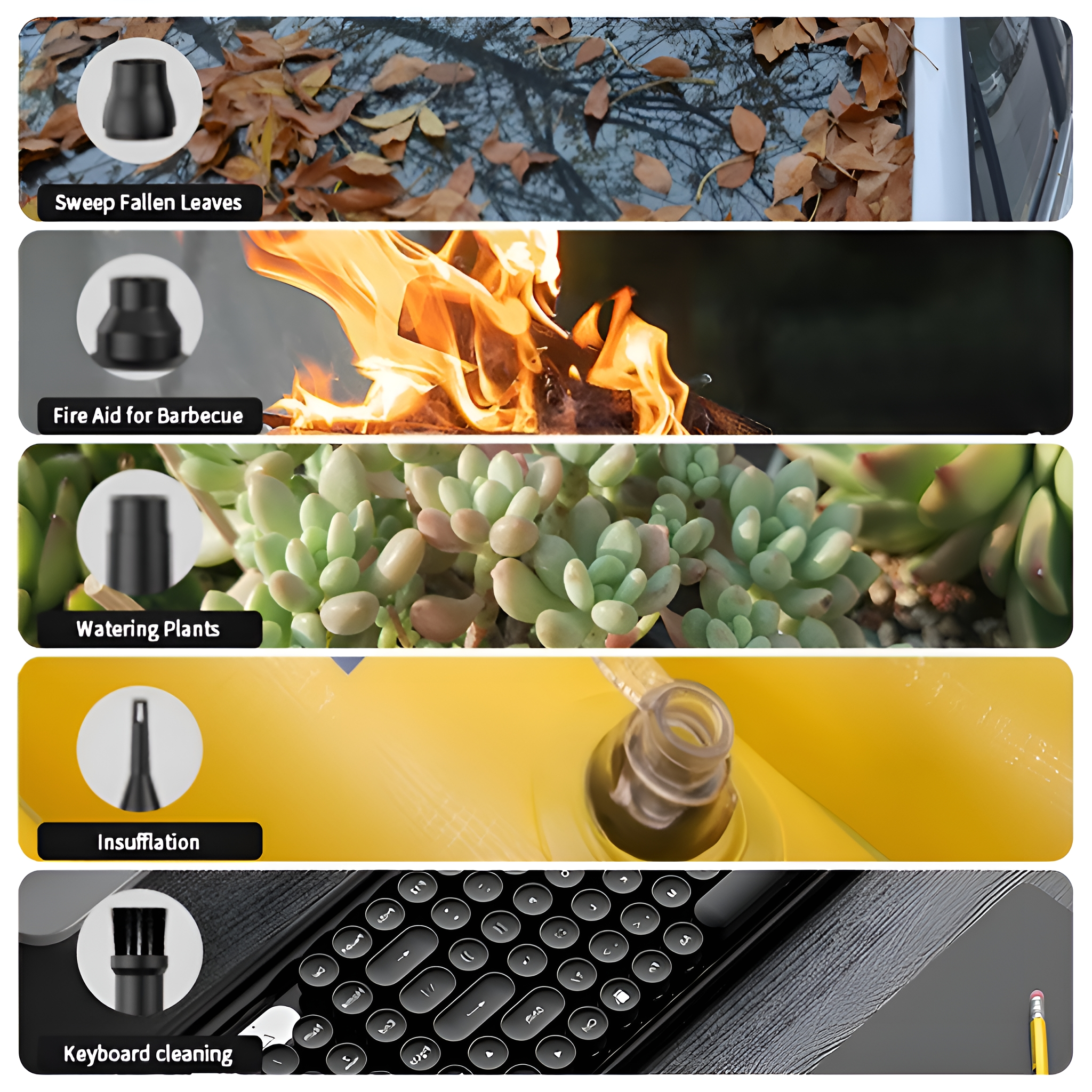 Reihe von Bildern für verschiedene Anwendungen einer Düse: Blätter, Feuer, Pflanzen, Insufflation und Tastaturreinigung.