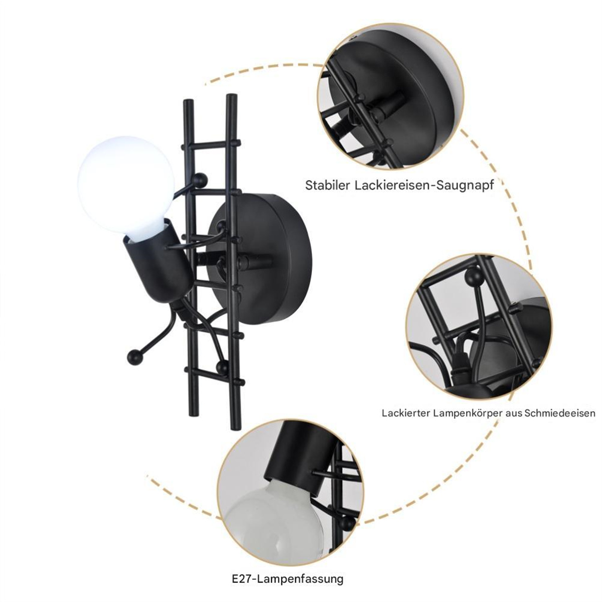 Eine schwarze Wandlampe mit einer Glühbirne, umgeben von Details der Lampenmerkmale.