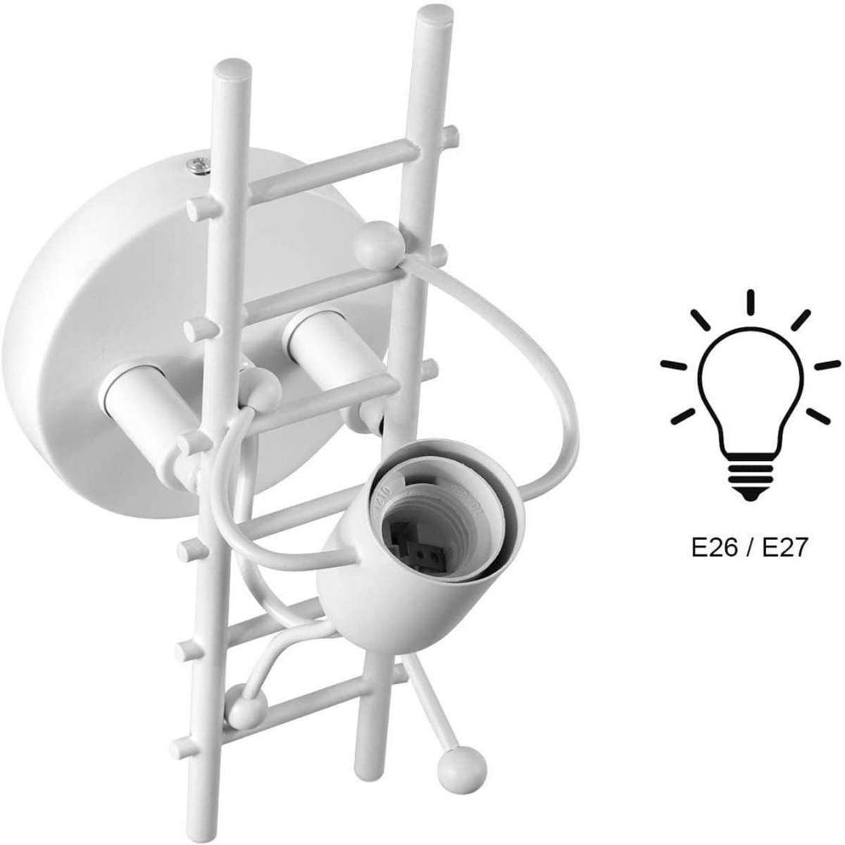 Eine weiße Wandlampe mit zwei Glühbirnen. Die Lampe hat ein leiterartiges Design. Ein E26/E27 Glühbirnensymbol.