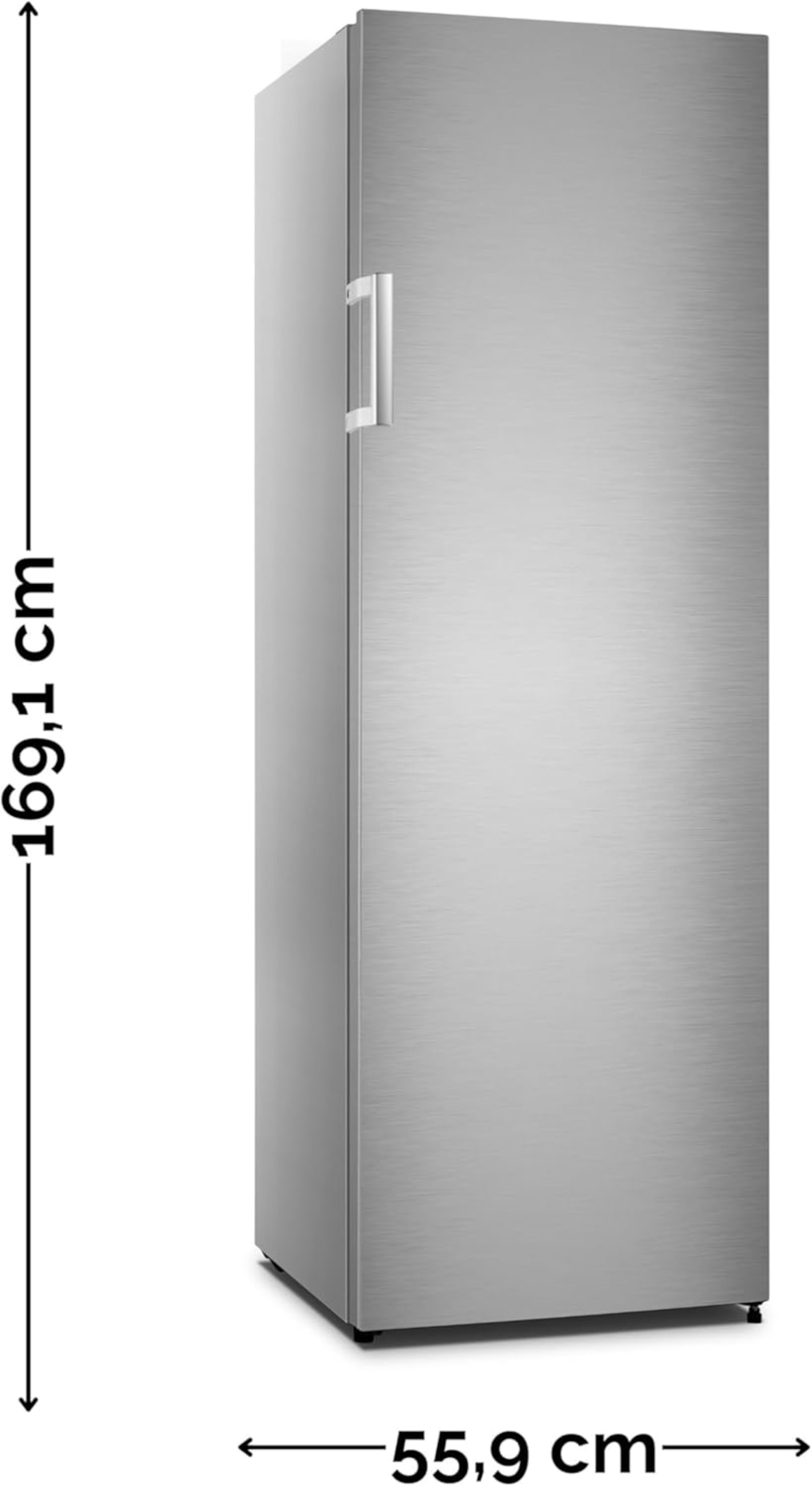 Ein hoher, silberner Kühlschrank mit den Maßen: 169,1 cm hoch und 55,9 cm breit. Modern und schlank.