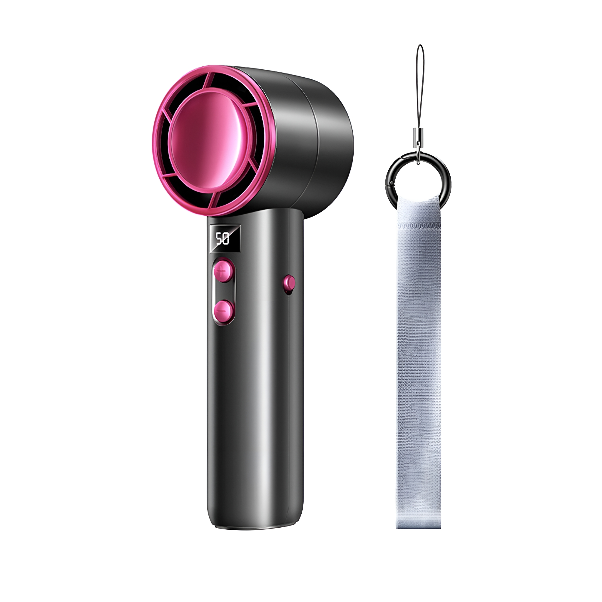Schwarz-pinker Handventilator mit Digitalanzeige und Lanyard-Befestigung.